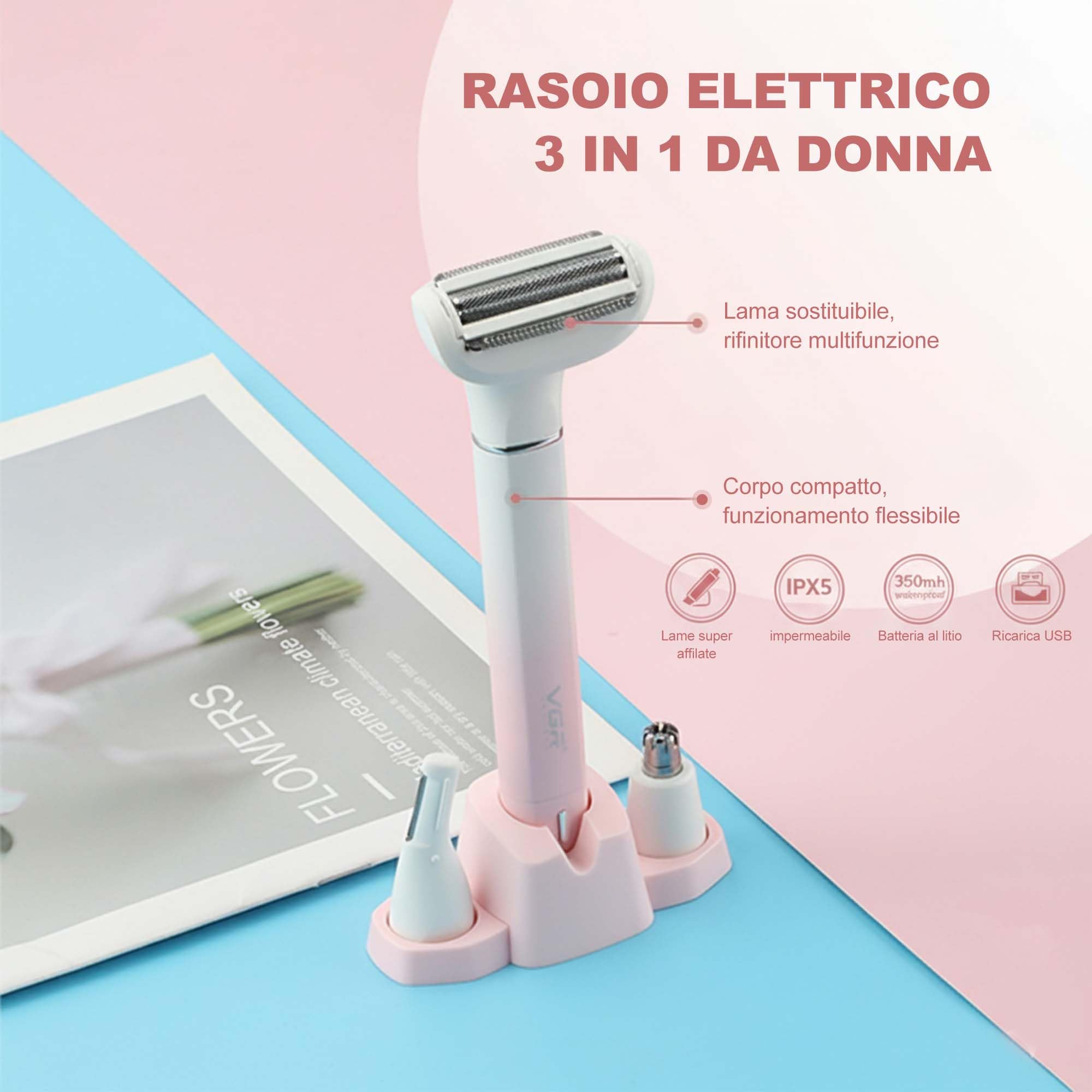 VGR 611 - Rasoio elettrico da donna 3 in 1, senza fili | Rasoio per peli del naso e del viso, ricaricabile, depilazione delicata per gambe, ascelle, bikini e viso