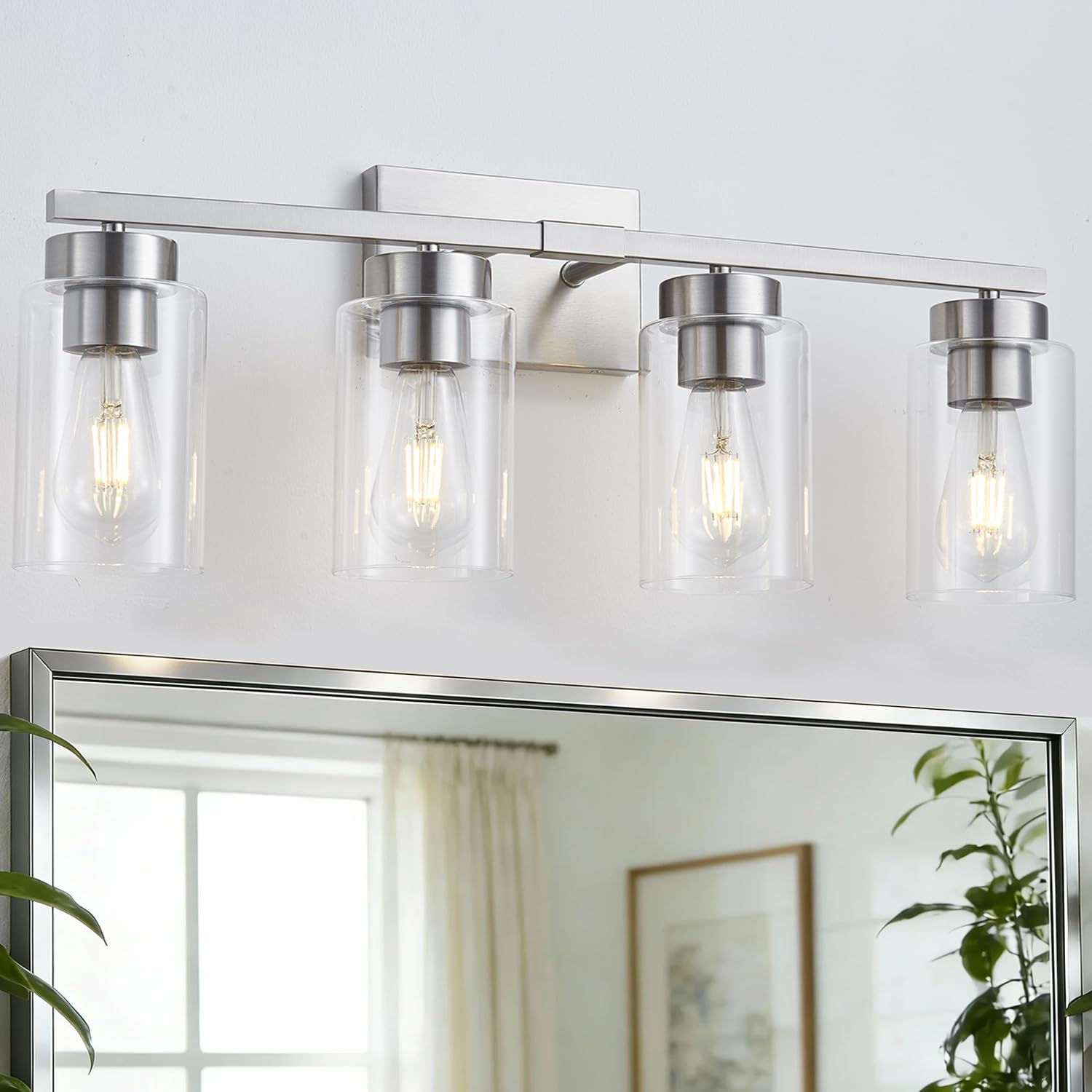 4-Light Bathroom Light Fixtures Nickel Modern Vanity Lights Over Mirror Bathroom Wall Sconces with Clear Glass Shade for