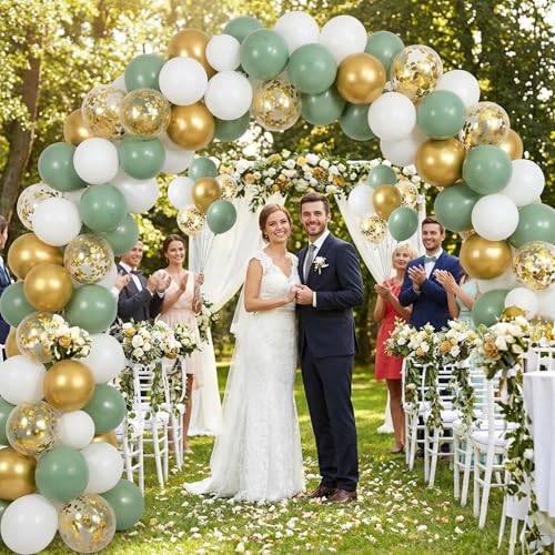 Image of Sage Green Balloons Arch Kit,130pcs Gold Balloon Garland,Different Sizes 18 12 10 5 Inch Green and White Latex Balloons for Birthday Baby Shower Gender Reveal Wedding Party Decoration