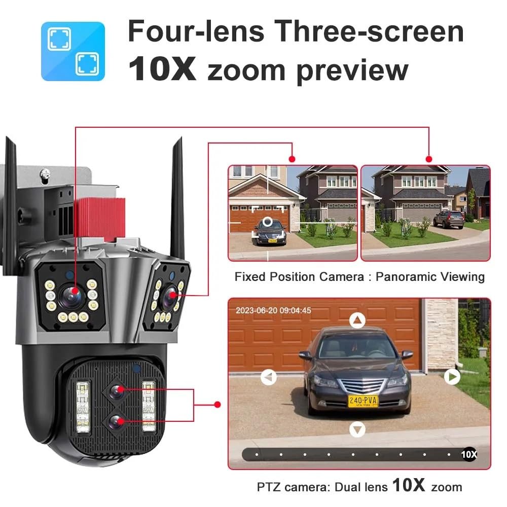 Telecamera di sicurezza, Telecamere di sorveglianza 16MP 6K Zoom 10X Telecamera sicurezza wireless esterna IP PTZ grandangolare a quattro obiettivi CCTV Smart Home(6K Camera Add 32G)