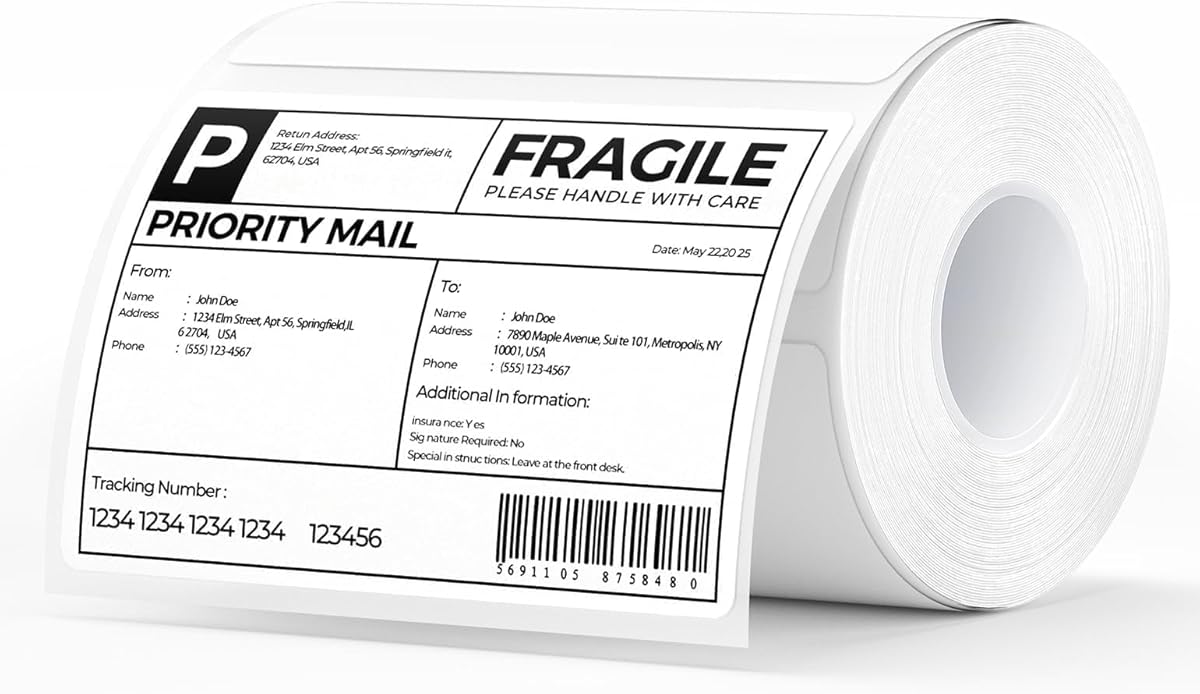 MUNBYN 4” X 3” Direct Thermal Labels, White Thermal Printer Stickers, Strong Adhesive, Labels Paper for Mailing, Barcode, 500 Sheets/1 Roll