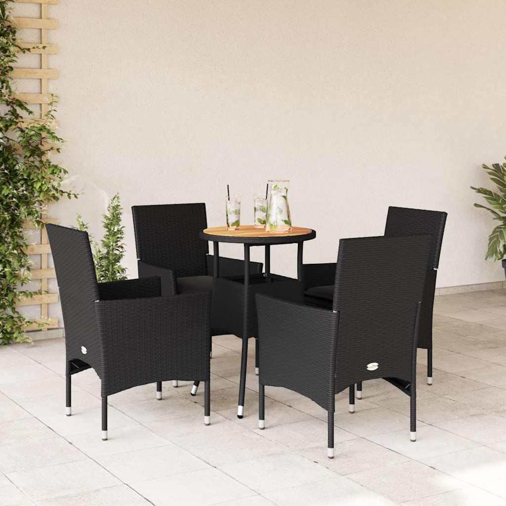 Salon de jardin pour balcon avec table en acacia et 4 chaises en polyrotin noir avec coussins