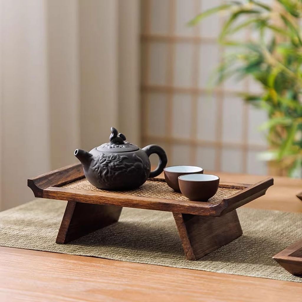 Bandejas Servir Comida Bandeja For Taza De Té Rectangular Madera Maciza For El Hogar, Bambú Zen Retro Mesa Cama