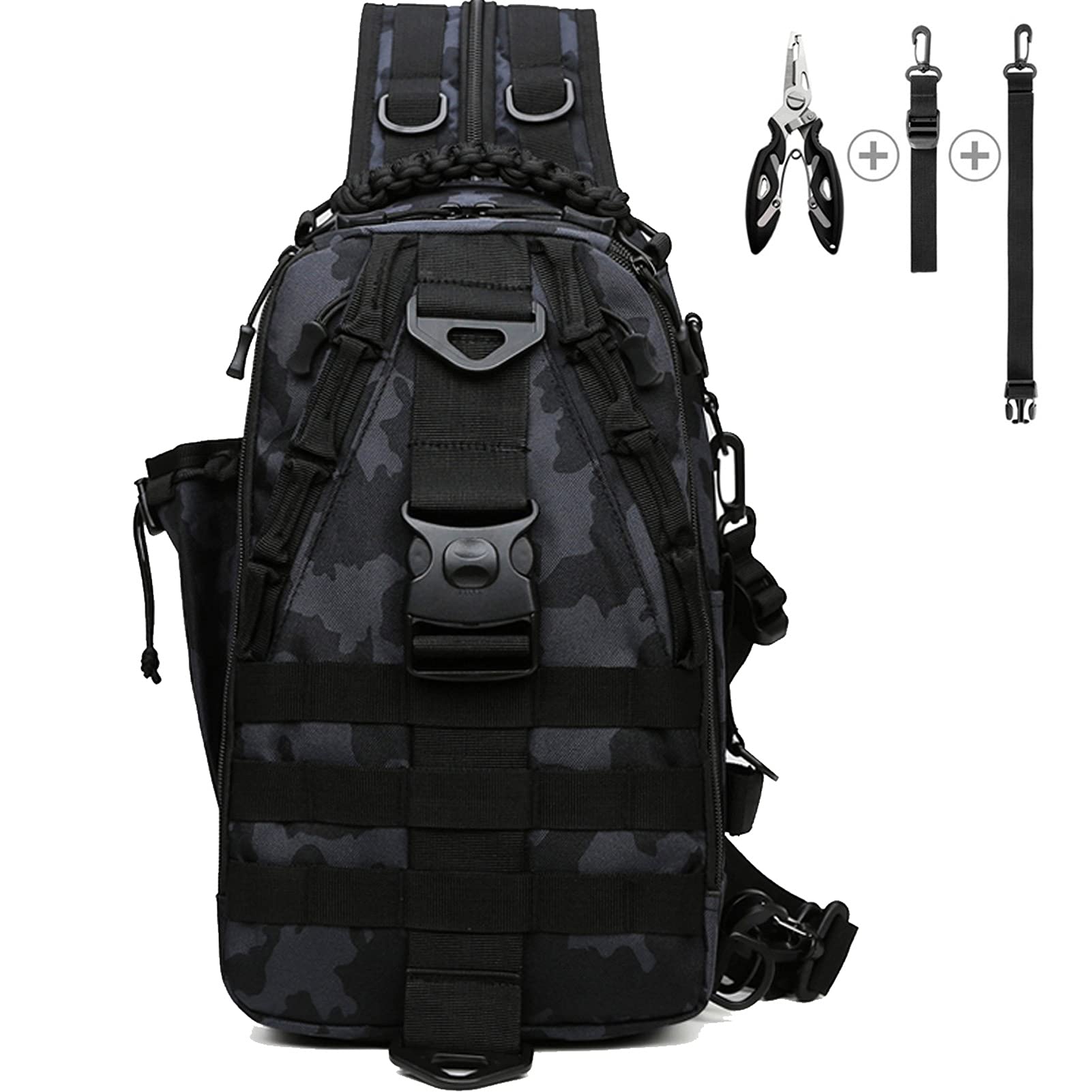Mochila de almacenamiento para aparejos de pesca – Bolsas de pesca resistentes al agua al aire libre mochilas con correa de caña de pescar (grande (16.3412.95.71 cm) – camuflaje negro