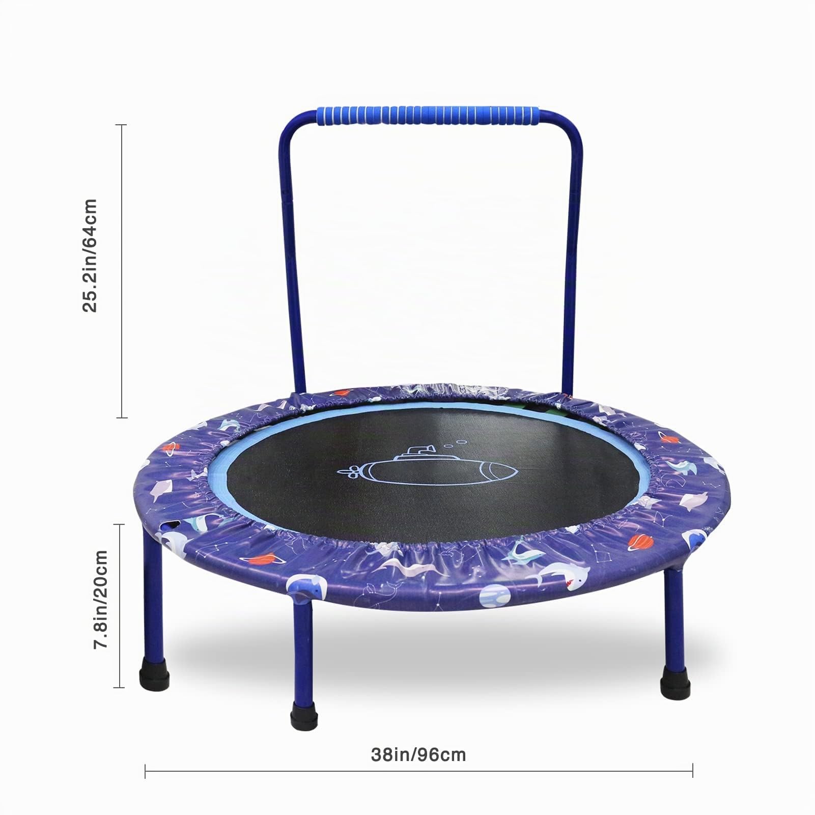 38'' Kids Trampoline Mini Foldable Fitness Trampoline with Adjustable Handrail and Safety Padded Cover Exercise Foldable Bungee Rebounder Indoor Outdoor Use