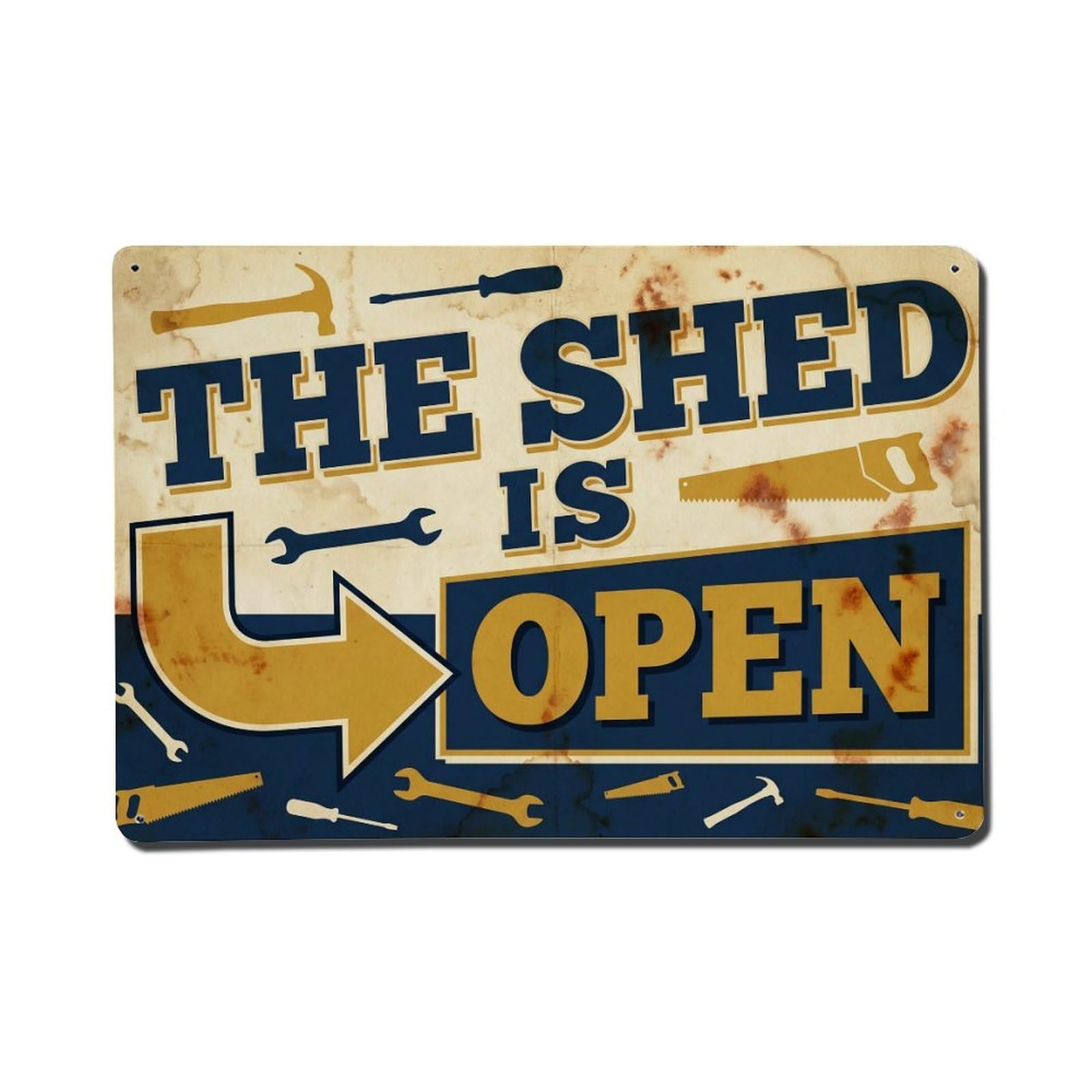Shed Open Toolbox Workshop Tools Welcome Repair Metal Tin Sign Plaque Wall Decor for Cafe, Man Cave, Club Bar, Office, Home Garden Round Metal Poster 8x12Inch