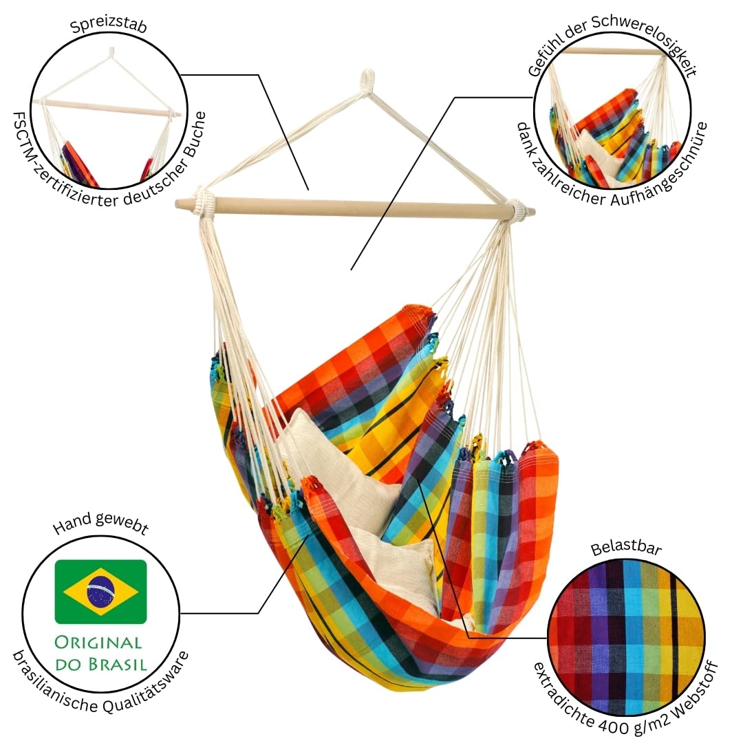 AMAZONAS - XL Hängesessel Brasil | Hängesessel ohne Gestell mit großer Sitzfläche, handgefertigt in Brasilien | Belastbar bis 150 kg; Sitzfläche 1,6m x 1,3m; Stablänge 1,1m | Farbe: Rainbow