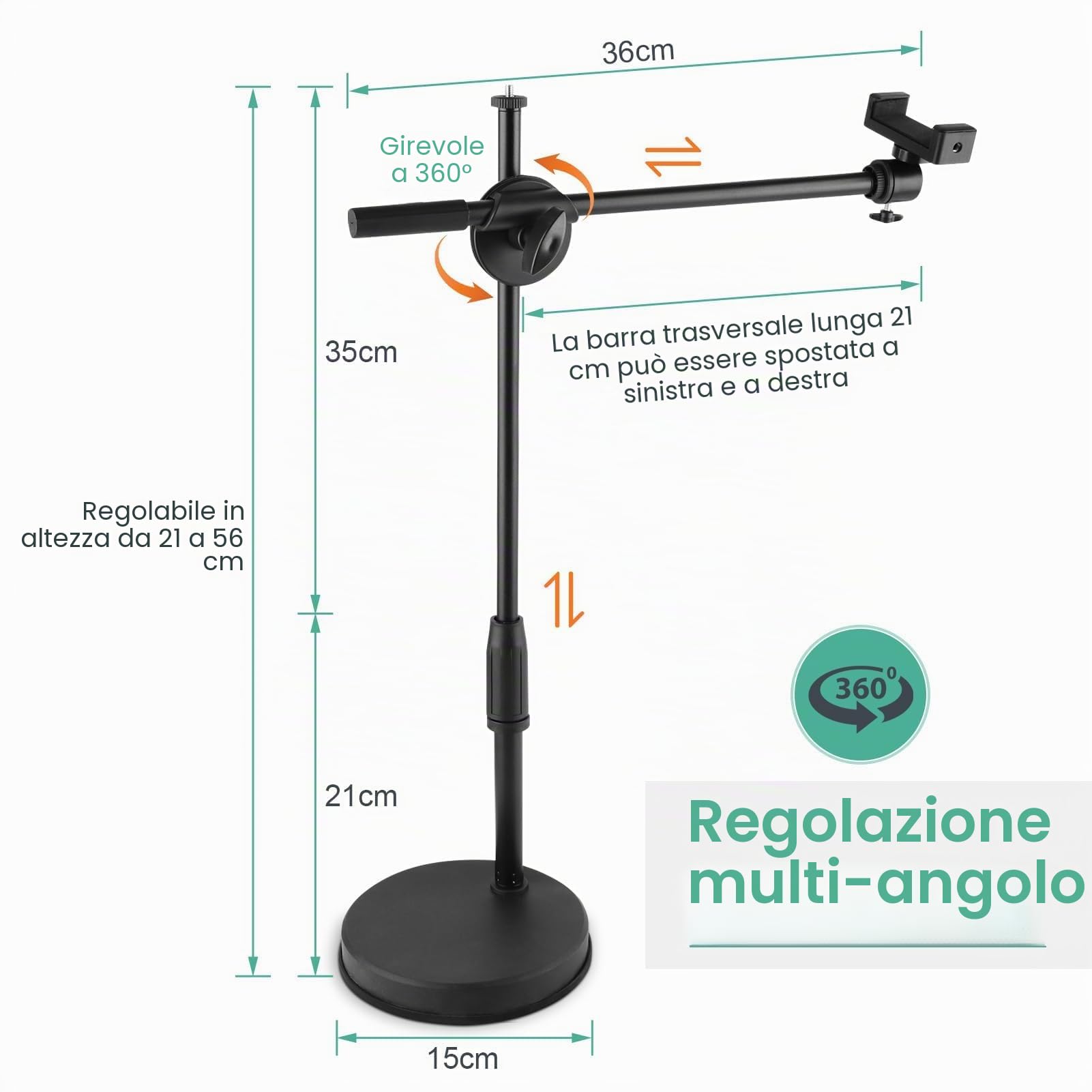 Supporto da Tavolo per Telefono in Streaming Live, Supporto per Telefono per Fotografia Desktop Regolabile in Altezza e Angolazione con Base Rotonda Robusta per Luce di Riempimento per Riprese Video F