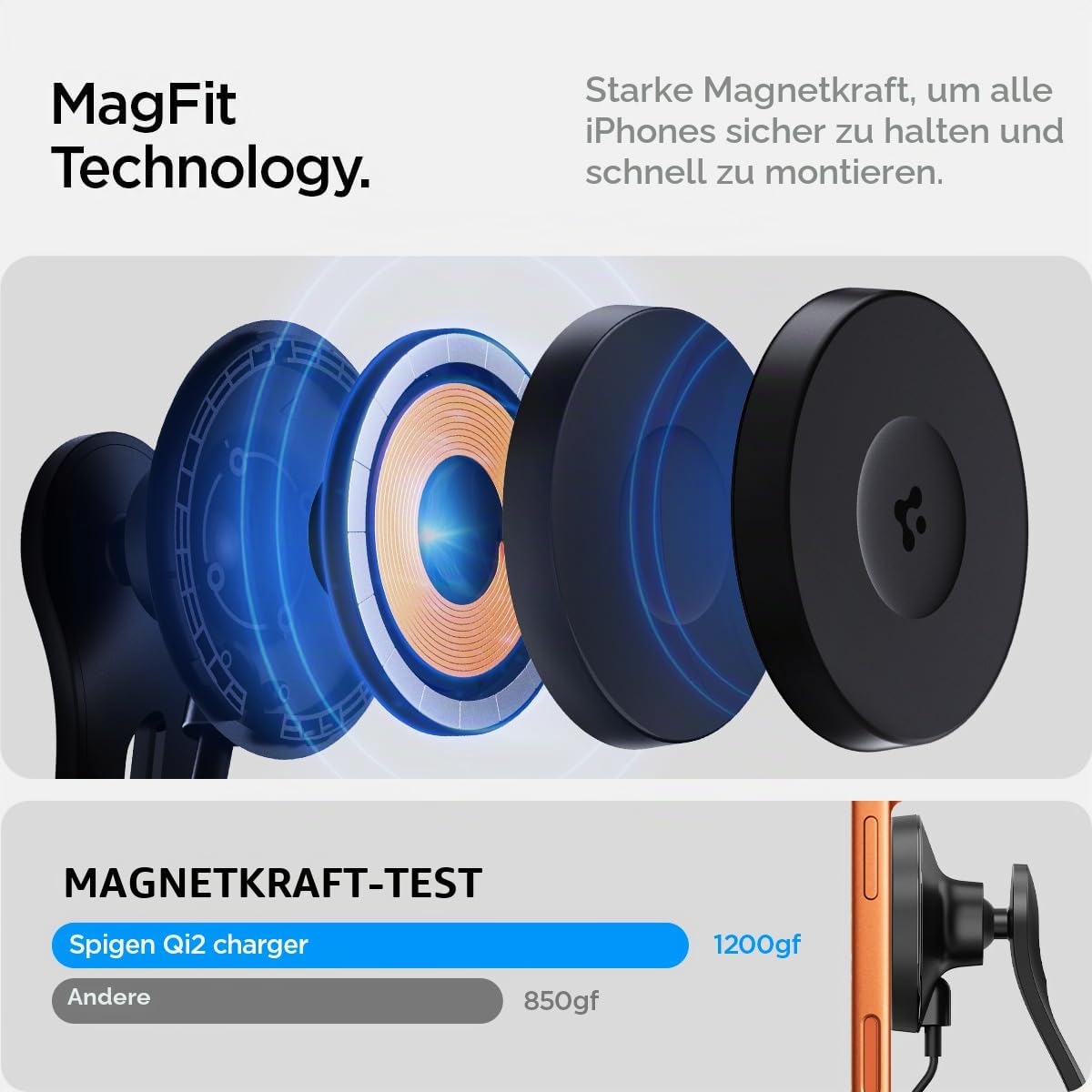 Spigen Tesla Model Y(~Juniper 2026)/3(~ Highland 2026)/S/X Qi2 MagSafe Handyhalterung mit Ladefunktion【Montage ohne Klebstoff】 KFZ Auto Handyhalterung Kompatibel mit iPhone 17/16/15/14/13 Pro Max Air