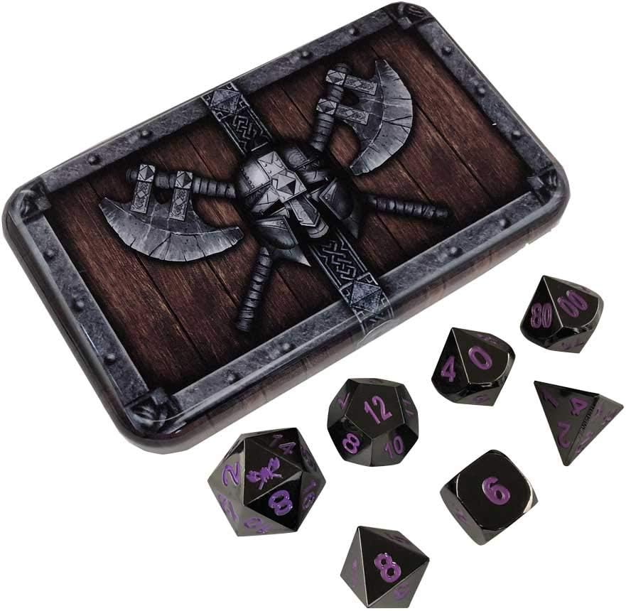 SkullSplitter Dice- Metal Dice Set - Complete Polyhedral Dice Set for RPG DND and Other Table Top Games - Includes Cool Dice Case - Black with Purple Numbering
