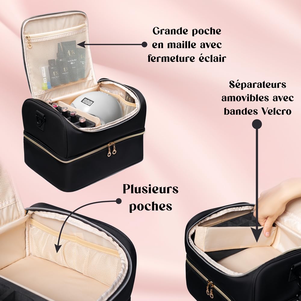 Bolsa de almacenamiento de esmalte de uñas – Maletín profesional para manicura y barniz – Estuche compacto con bandeja extraíble para 45 barnices (15 ml)