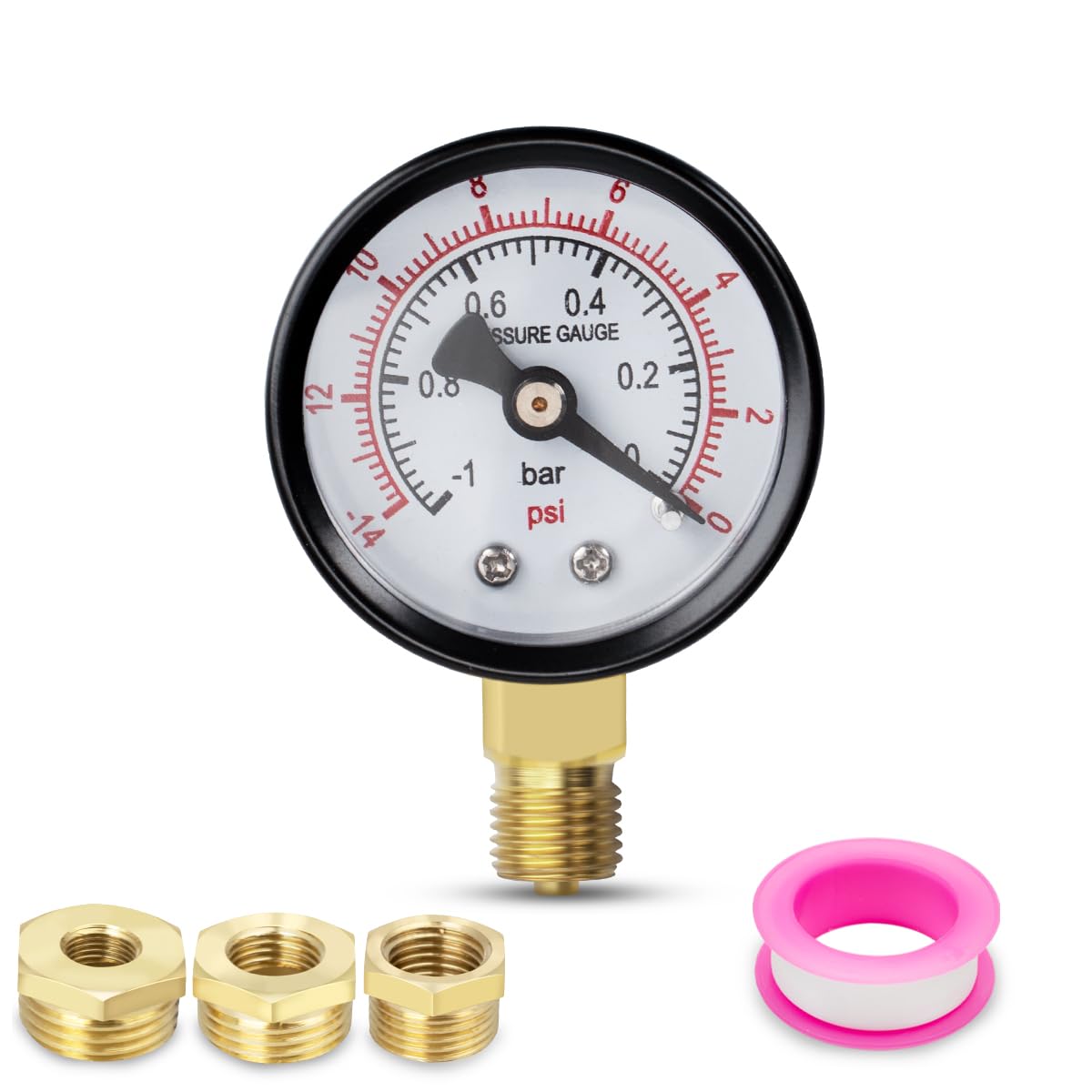 1 Pcs 40mm Vacuum Pressure Gauge BSP 1/8" -1~0 Bar -14~0 Psi with 3 Pieces Bushing 1/8" to 1/4", 1/8" to 3/8" and 1/8" to 1/2" and One Teflon Tape, Radial