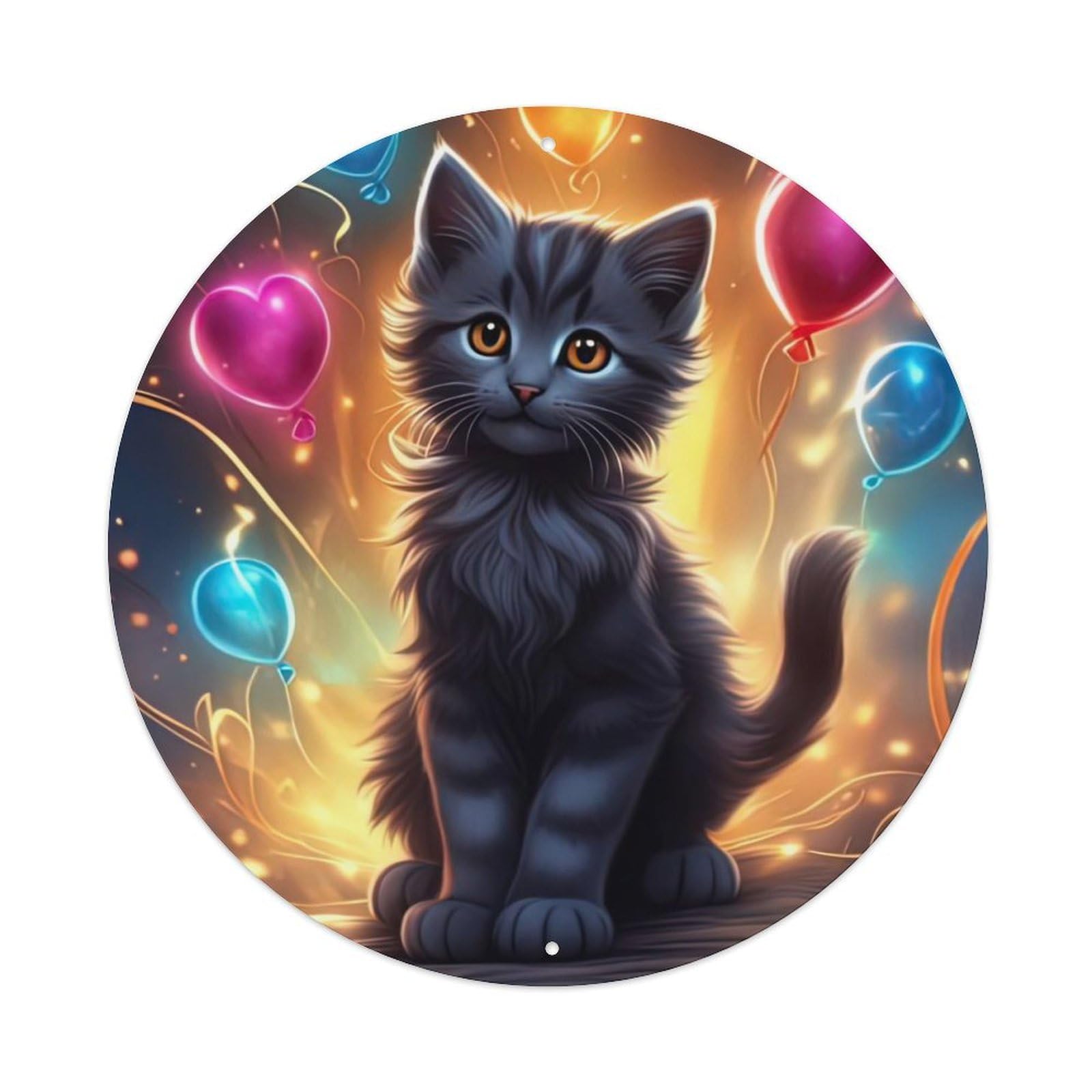 Animal Artwork Cat And Flying Balloons Metal Tin Sign