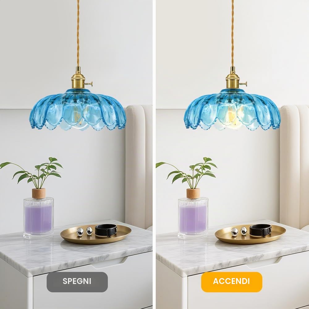Lampada a sospensione blu a forma di loto, per tavolo da pranzo, in vetro vintage, con attacco E27, regolabile in altezza, moderna lampada a sospensione retrò, paralume in vetro di loto, di