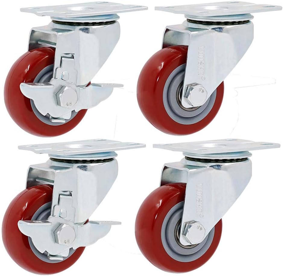 FLBT Casters Side Brake 4Or Wheels 75Mm Heavy Duty Rubber Swivelor Wheel Trolleyniture 600Kg Wheels Trolley Brakes Red / 3 Inchors