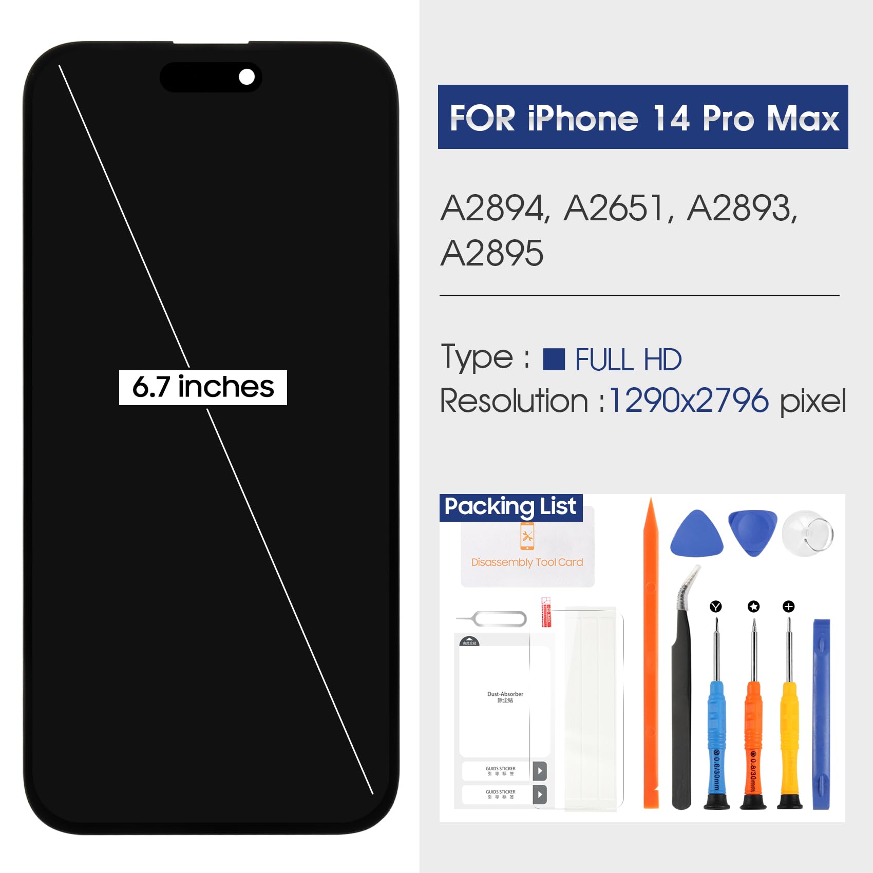 OLED Screen For IPhone 14 Pro Max Screen Replacement For IPhone A2894 LCD Screen A2651,A2893,A2895 3D Touch Display Digitizer Assembly Repair Parts(Black No Frame