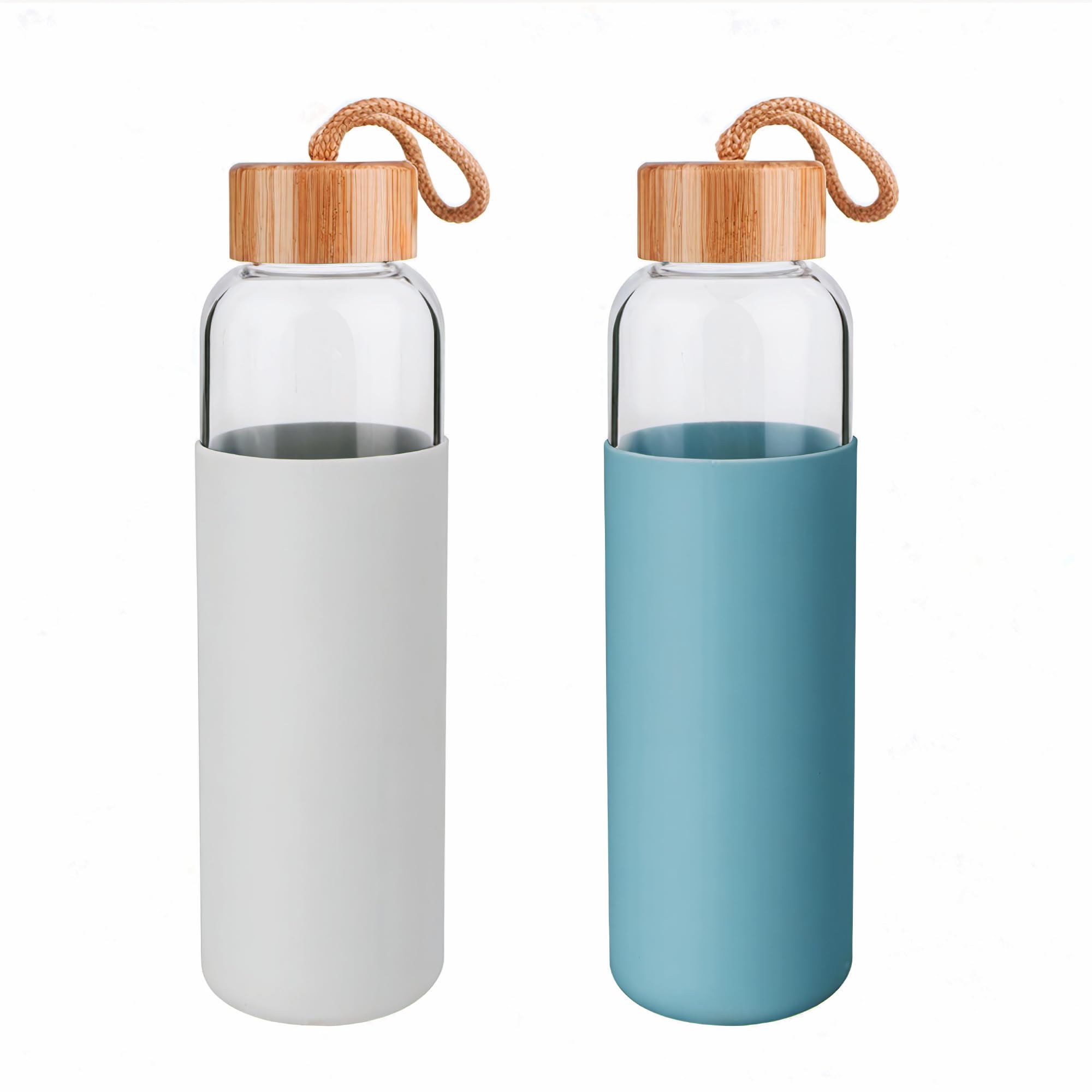 Sponsored Ad - Borosilicate Glass Water Bottles Set of 2 - Glass Water Bottle Set. (18 oz) Glass Bottles with Lids (Bamboo, Leakproof Seal), BPA Free, Silicone Sleeves to Avoid Drops & Bumps