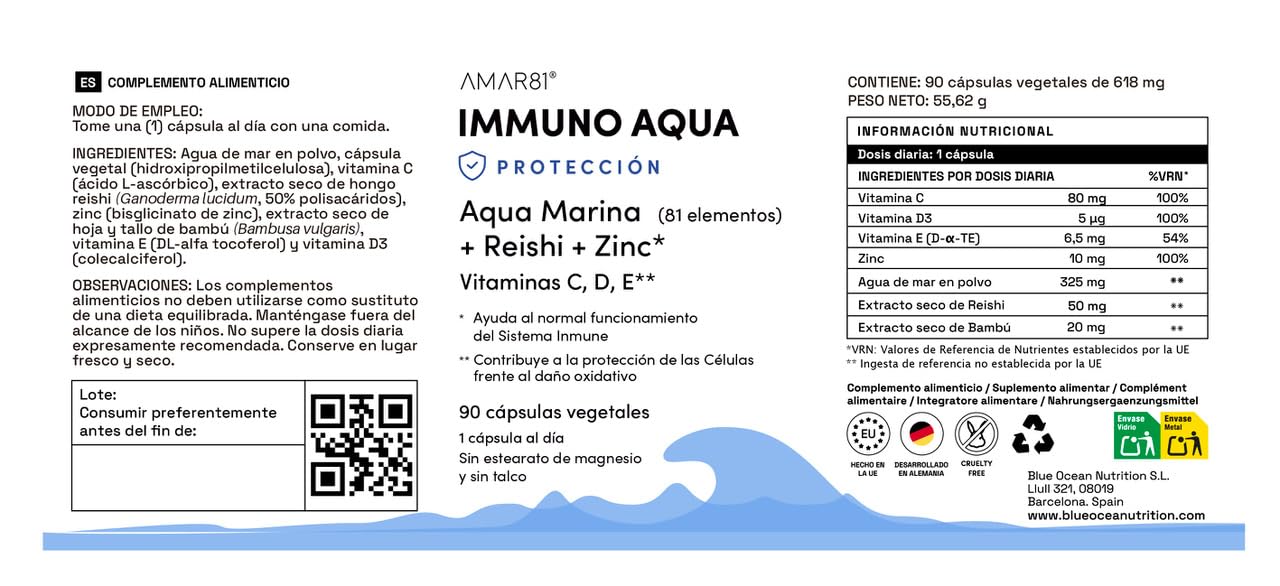 Suplemento alimenticio natural completo para el Sistema Inmunitario y Cansancio | IMMUNO AQUA | 90 cápsulas