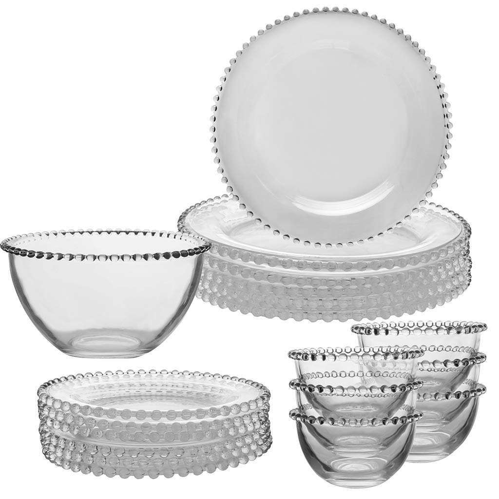 6 Person Luxury Glass Bella Perle Crockery Plate & Bowl Set with Salad Bowl Alfresco Dining Tableware