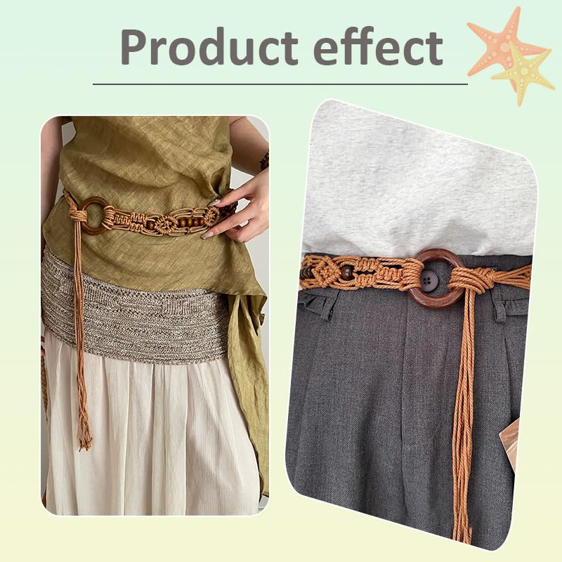 Boho Woven Braided Belt with Beads - Womens Tassel Braided Waist Belts for Dress Skirts Chain Fabric Rope Woven Belt for Women Vintage Country Western Knot Wrap Belts for Women Boho Outfit3