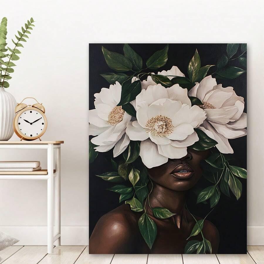 Lienzo africano de mujer con flor blanca para comedor 30x40cm