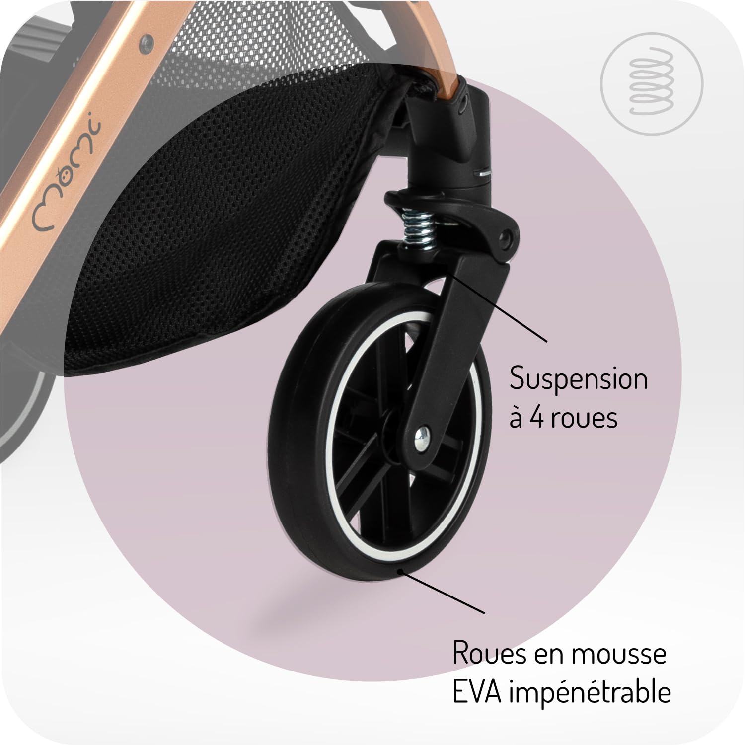 MoMi ESTELLE Poussette compacte légère et pliable dès 6 mois jusqu'à 15 kg, dossier inclinable, repose-pieds réglable, roues amorties, grand panier, harnais 5 points