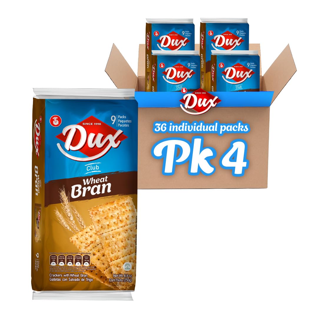 Dux, Wheat Crackers, High in Fiber, Enjoy Anytime, 8.82 Ounce, 1 Box contains 4 Bags, each with 9 Individual Packs and every pack includes 3 Crackers, totaling 36 crackers per box.