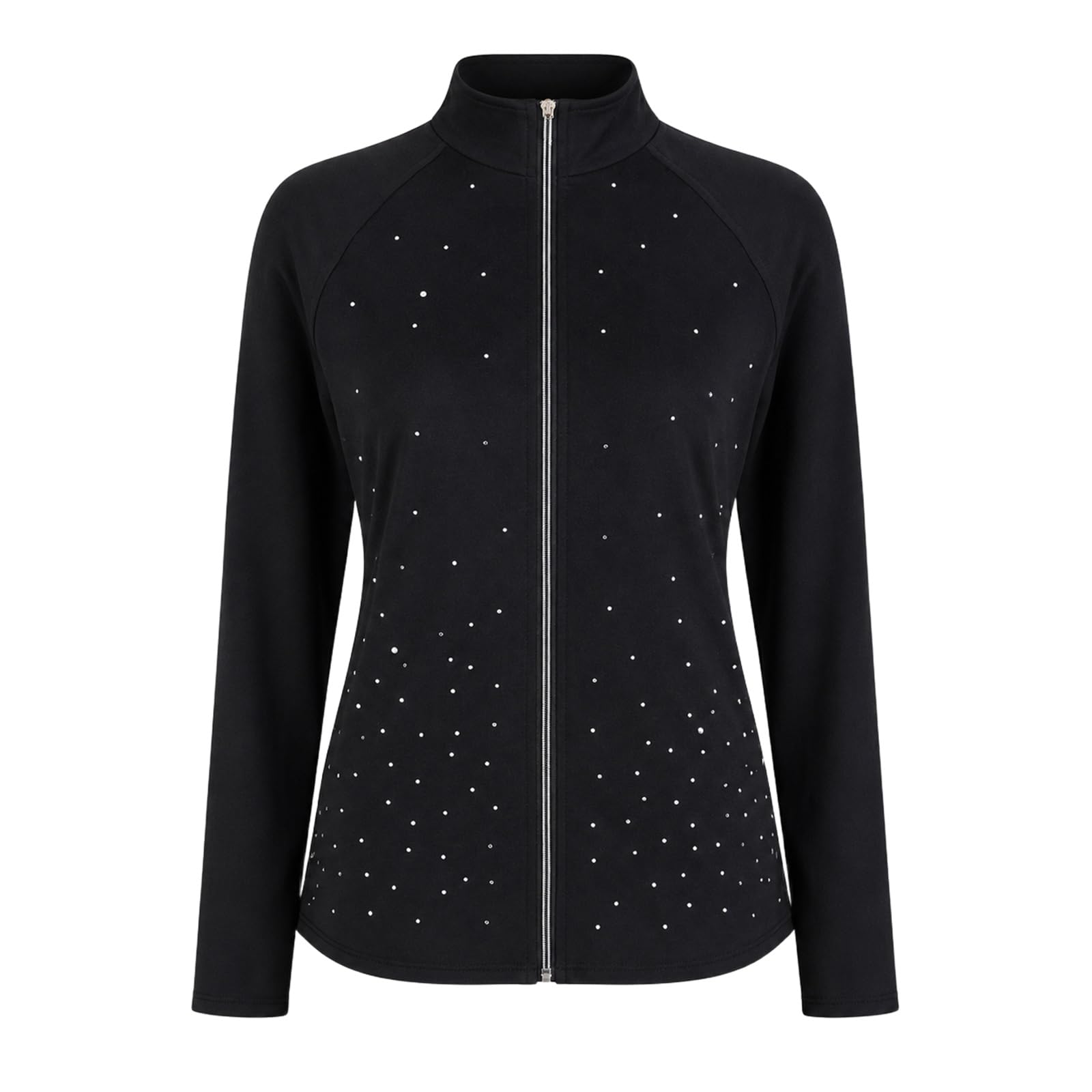 Eiskunstlauf Jacke Damen Teens Full Zip Strass Warm Up Training Eisbahn | Stretchjacke mit Stehkragen, durchgehendem Reißverschluss, Strass vorn, langen Ärmeln und glattem Rücken fürs Eis