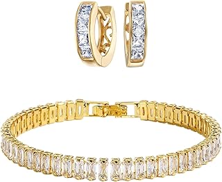 مجموعة مجوهرات مكونة من سوار تنس باجيت باجيت واقراط حلقية مطلية بالذهب عيار 18 قيراط للنساء بطول 7 انش، هدايا عيد ميلاد للنساء من جوليا ستور
