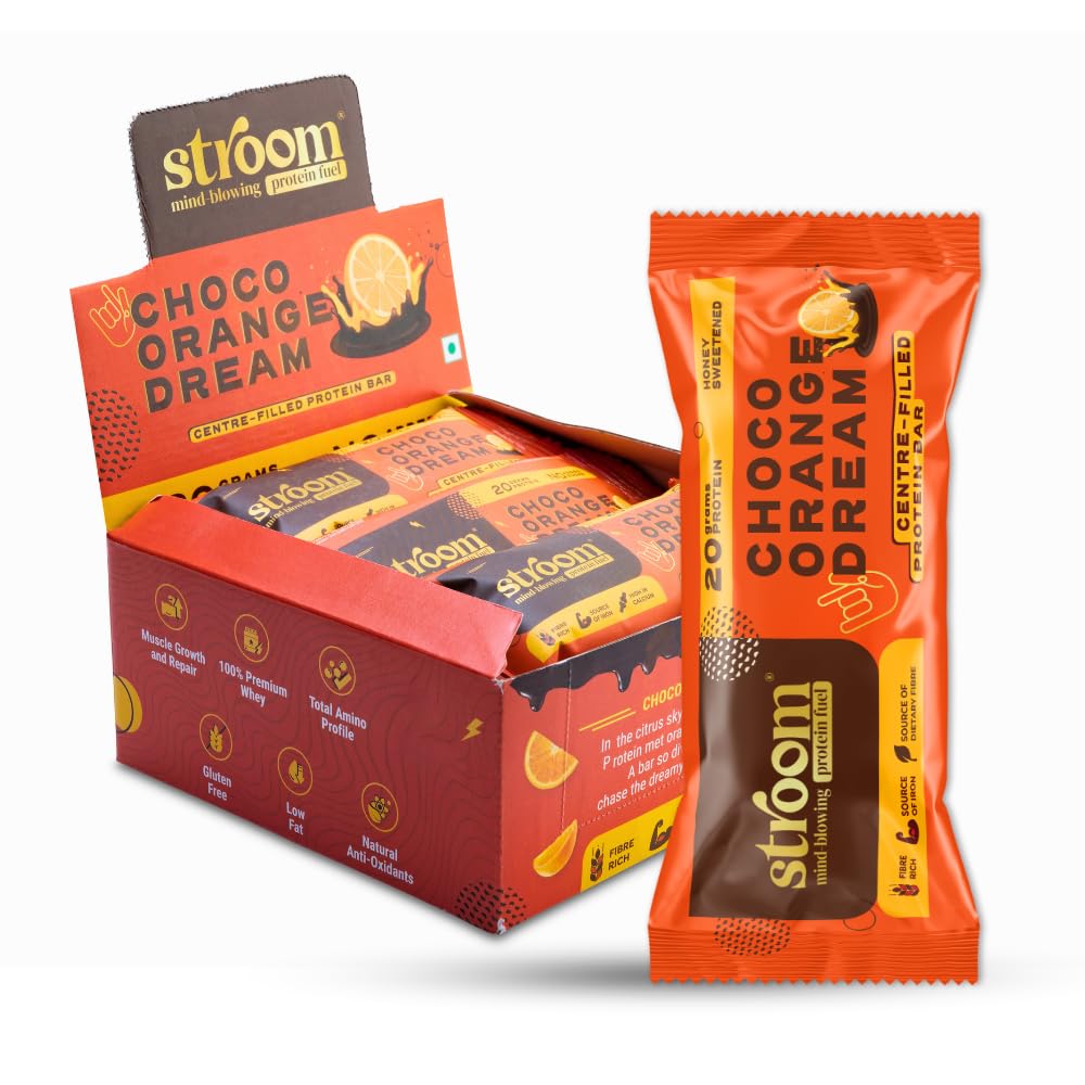 stroom asia's first centre filled protein bars | 20g protein (5 bars, 63 grams each) | choco orange dream | protein bars for muscle growth & repair | fibre rich | no added sugar
