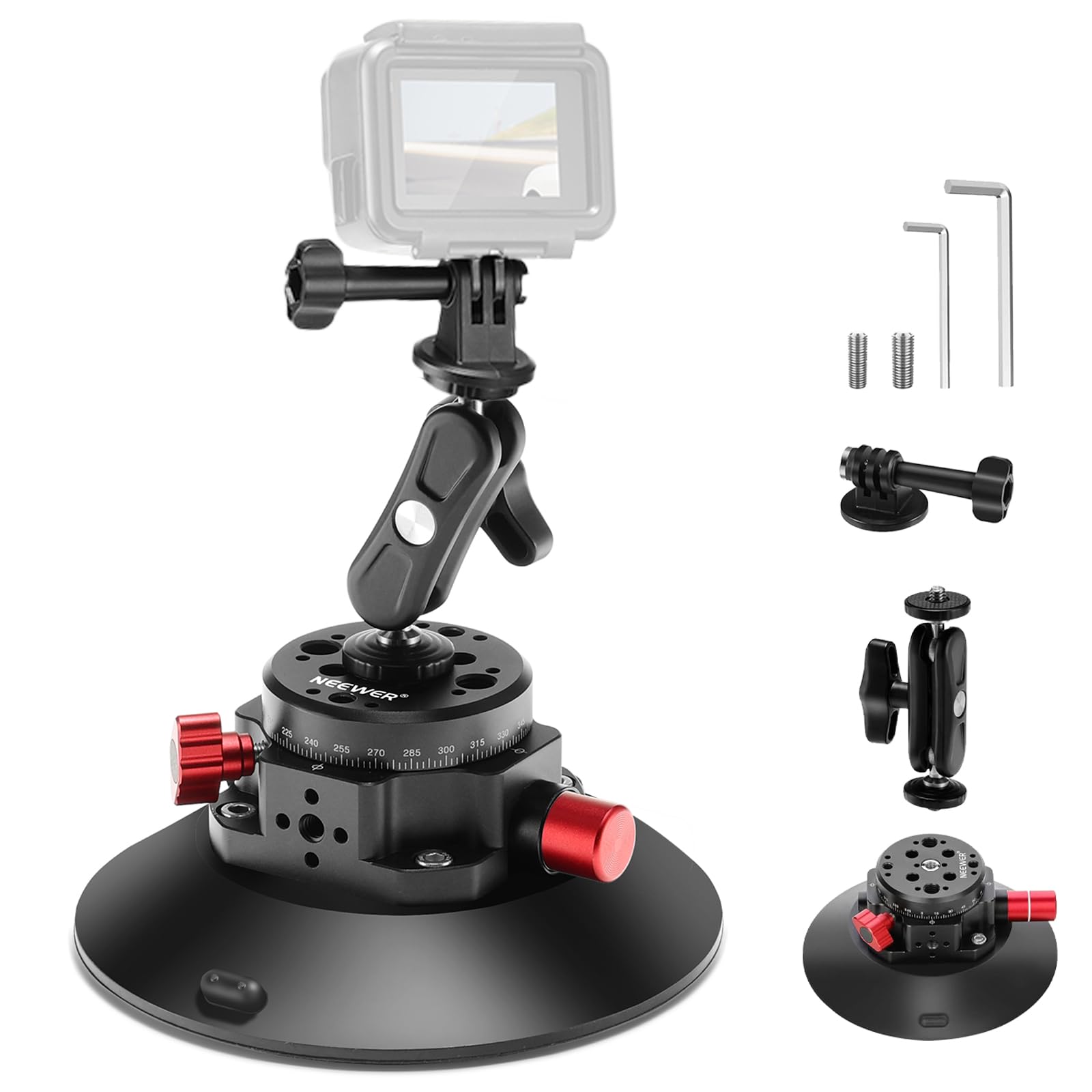 6"/15.2cm Camera Suction Cup Mount with Ball Head Magic Arm, Metal Suction Cup Mount on Car Windshield Dash for Camera/Action Camera/Phone Holder, with 1/4" & 3/8" Mounting Holes for ARRI