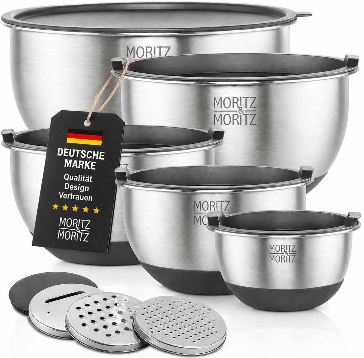 Moritz & Moritz 5er Rührschüssel mit Deckel - 0,6 bis 4,5L - Edelstahl mit BPA-freien Anti-Rutsch-Böden - Stapelbare Salatschüssel mit Deckel und 3 Reibeinsätze - Spülmaschinengeeignet