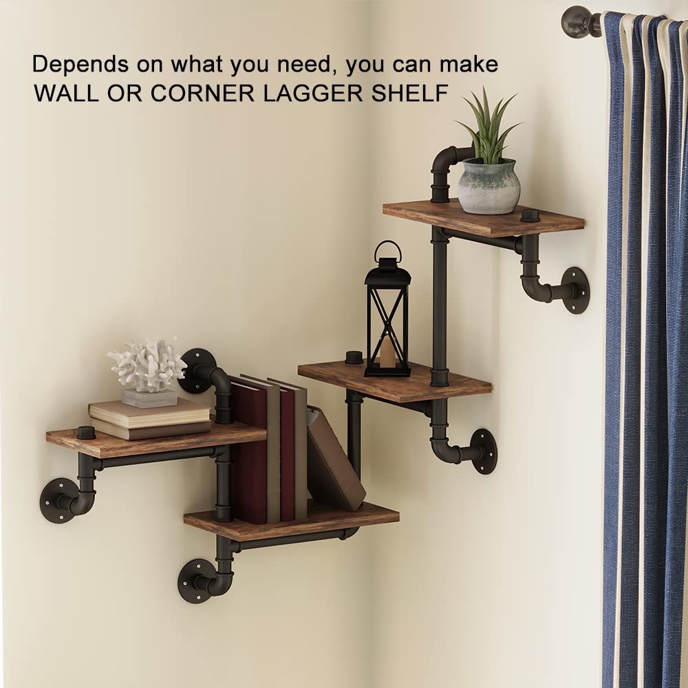 Industrial Floating Pipe Wall Mounted Shelves Rustic Modern Wood Shelving Bookcase 4 Layer Ladder Hanging Bookshelf for Home Bathroom Office Kitchen Decor(D)
