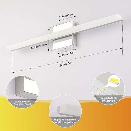 Miniatura 4 de Combuh Barra de luz LED para tocador de baño, 24 pulgadas, 14 W, IP44, cromada, brillante, sobre espejo, apliques de pared para interiores, modernos
