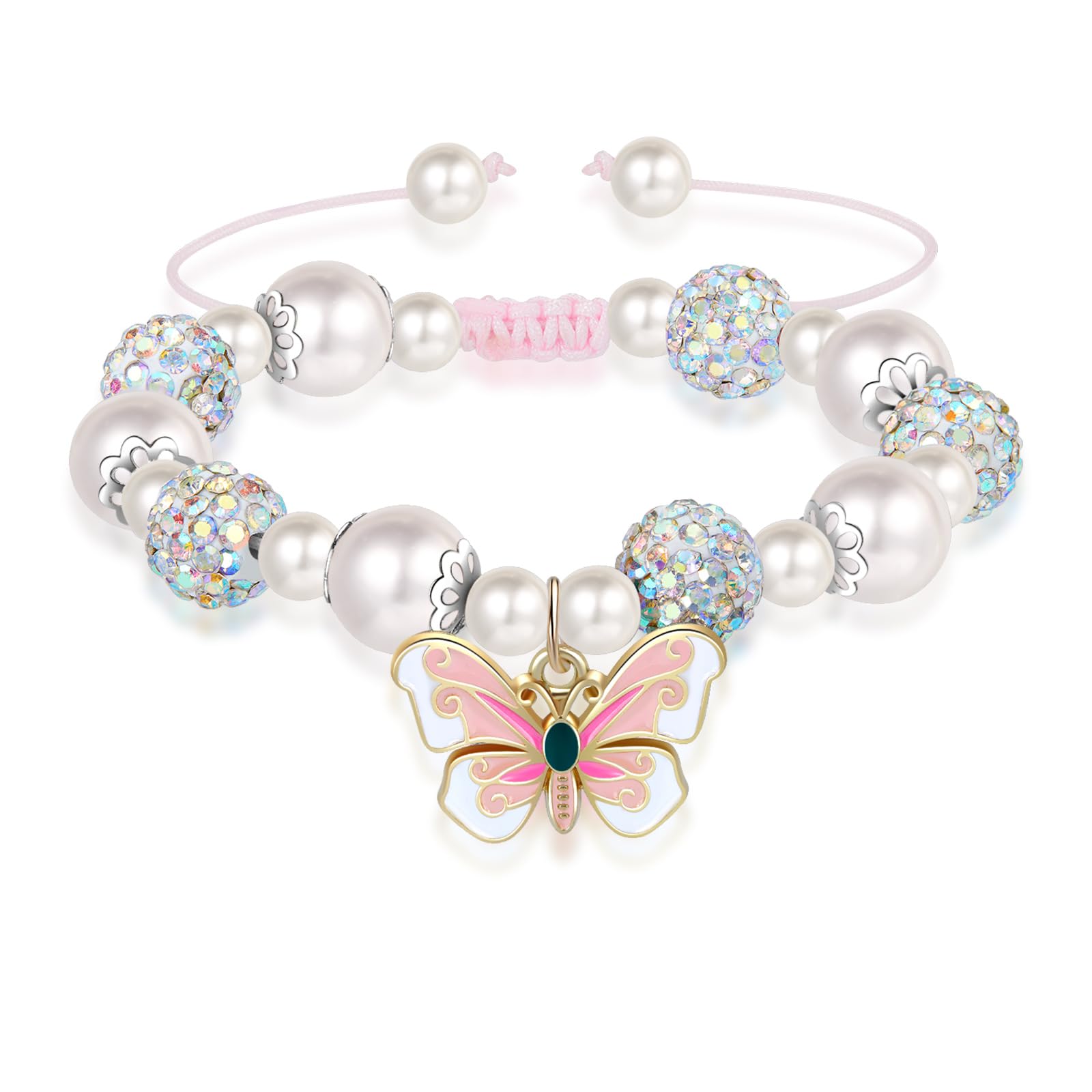 Artlunar Pink Pearl Butterfly Bracelet for Girls, Adjustable Sliding Knot (5.2”-9”) Stainless Steel & Pearl Charm – Kids Birthday Gift Jewelry for