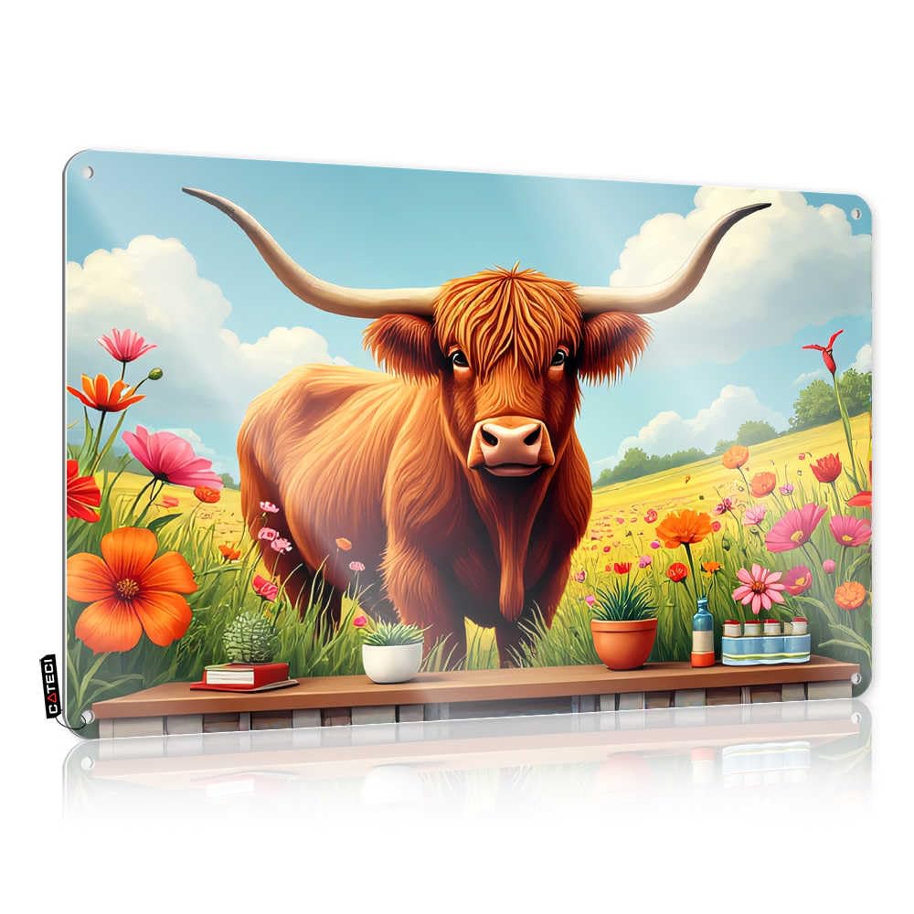 Fzfn Colour Distressed Tin Metal Sign, Spring Reusable Highland Cow In A Flower Garden | Farmhouse Man Cave Bar Decor(30X40cm)