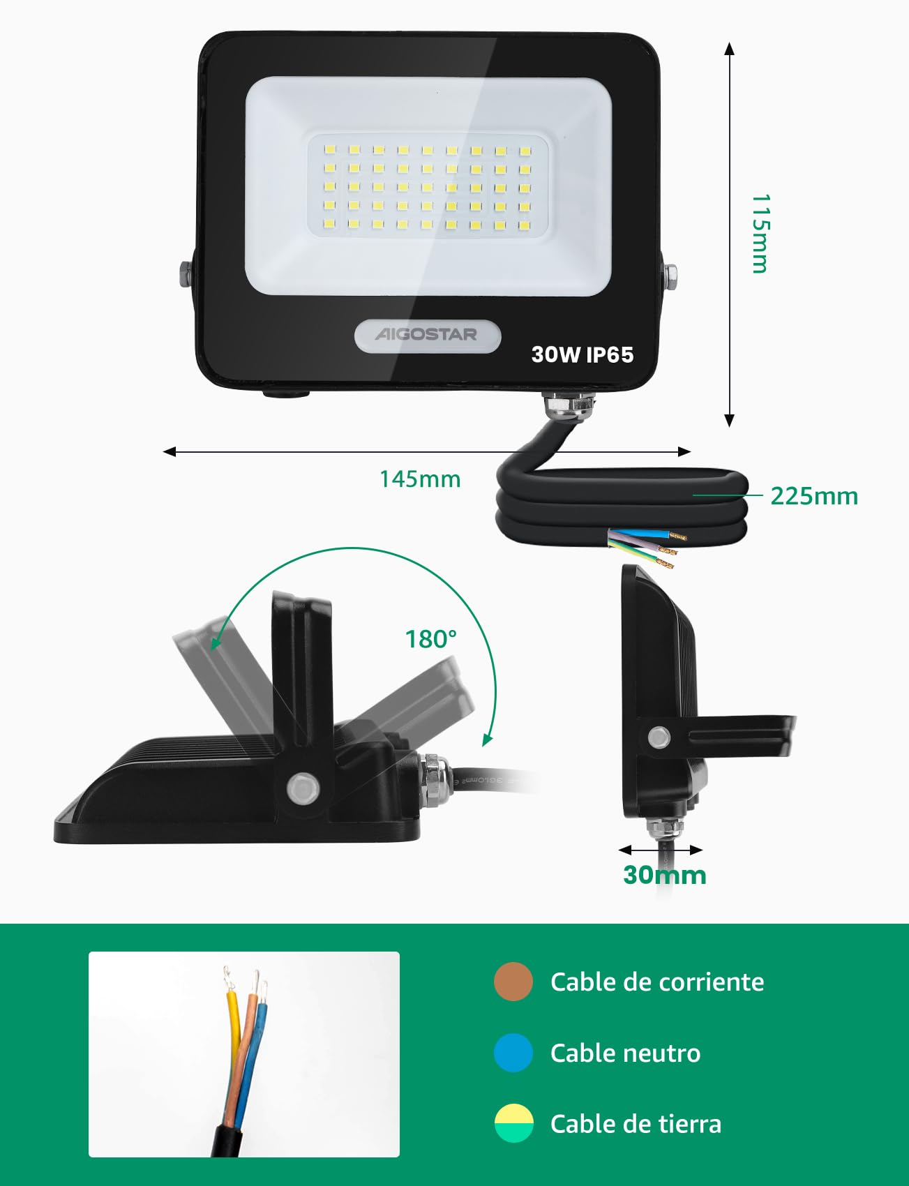 Aigostar Reflektor zewnętrzny LED 30 W 2450 lm, wodoodporny IP65, 6500 K, zimna biel, do garażu, ogrodu, patio i parku, 2 pcs