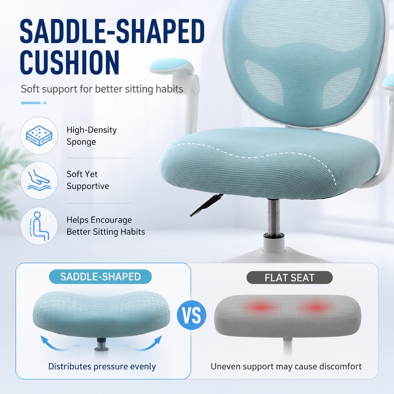 Sedia da scrivania per bambini, regolabile in altezza, 50 kg, blu | rete, schiuma, forma a sella, pieghevole a 90°, 50 kg, ruote a gravità, girevole a 360°, seduta da 10 cm + poggiapiedi, 5-13J