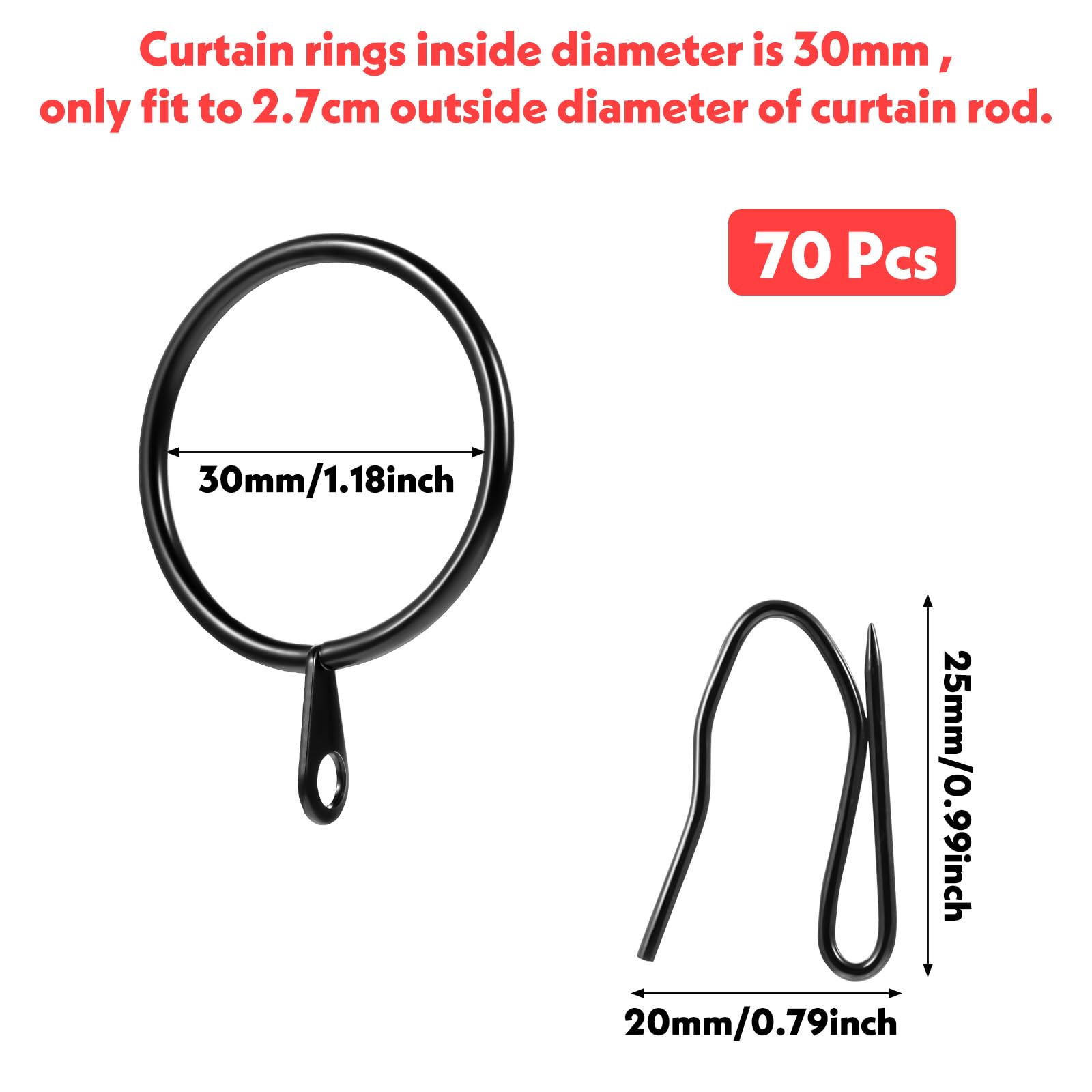 Meyeyaia 70pcs 1.45 Inches Metal Curtain Rings with Hooks,Black Curtain Hooks with Clips, Drapery Hook with Eyelets for Window Door Shower Bathroom Rings