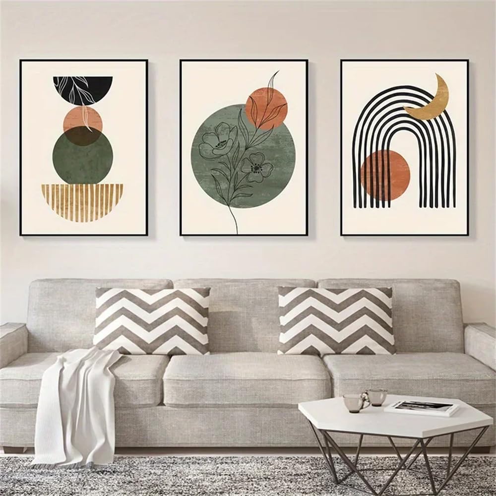 Wbyzac Black/Orange 3 Pieces Abstract Geometric And Modern Wall Art Bohemian Medieval Botanical Canvas Painting Living Room Kitchen Home Decor-50 * 70Cm (No Frame)
