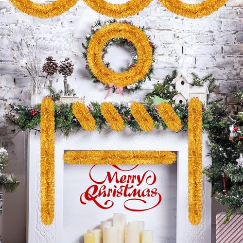 Image of 50 Ft Christmas Tinsel Garland Gold Thick Tinsel Garland Xmas Tree Decorations Metallic Tinsel Twist Garland for Christmas, Birthday, Party Decor Indoor Outdoor Party Supplies