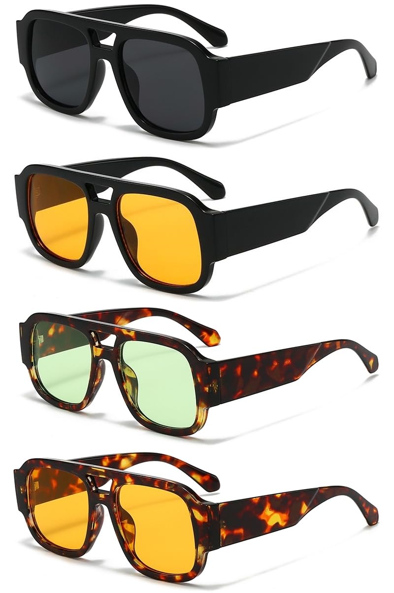 ISIUINN 4 Pieces Trendy Oversized Retro Aviator Sunglasses for Women Men 70s Luxury Designer Thick Frame Square Shades﻿