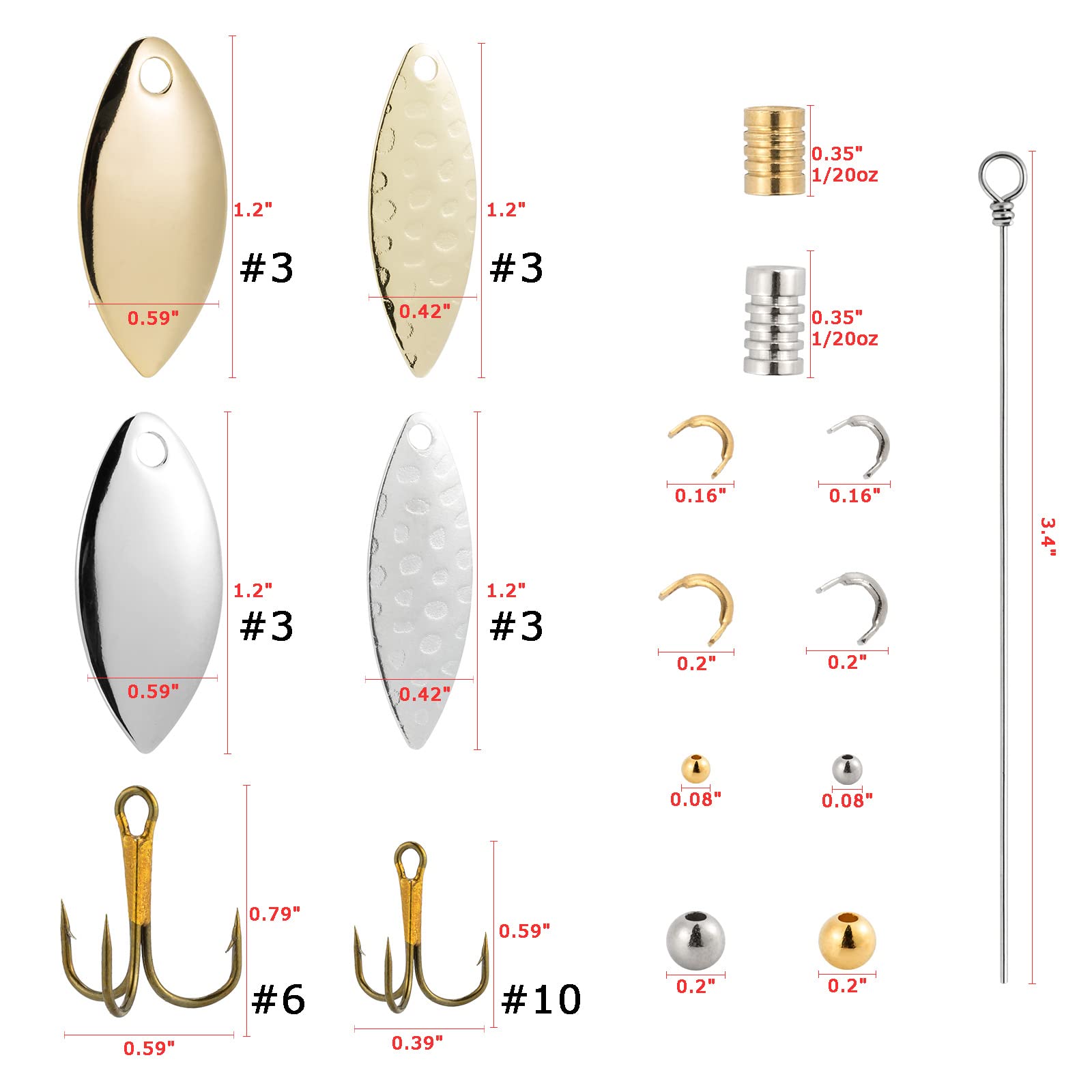 Dr.Fish 140 Pack Spinner Making Kit Lure Making Supplies Inline Blade Spinnerbait Parts Accessory Shaft Clevis Treble Hooks Spoon Fishing Bead Starter Tackle