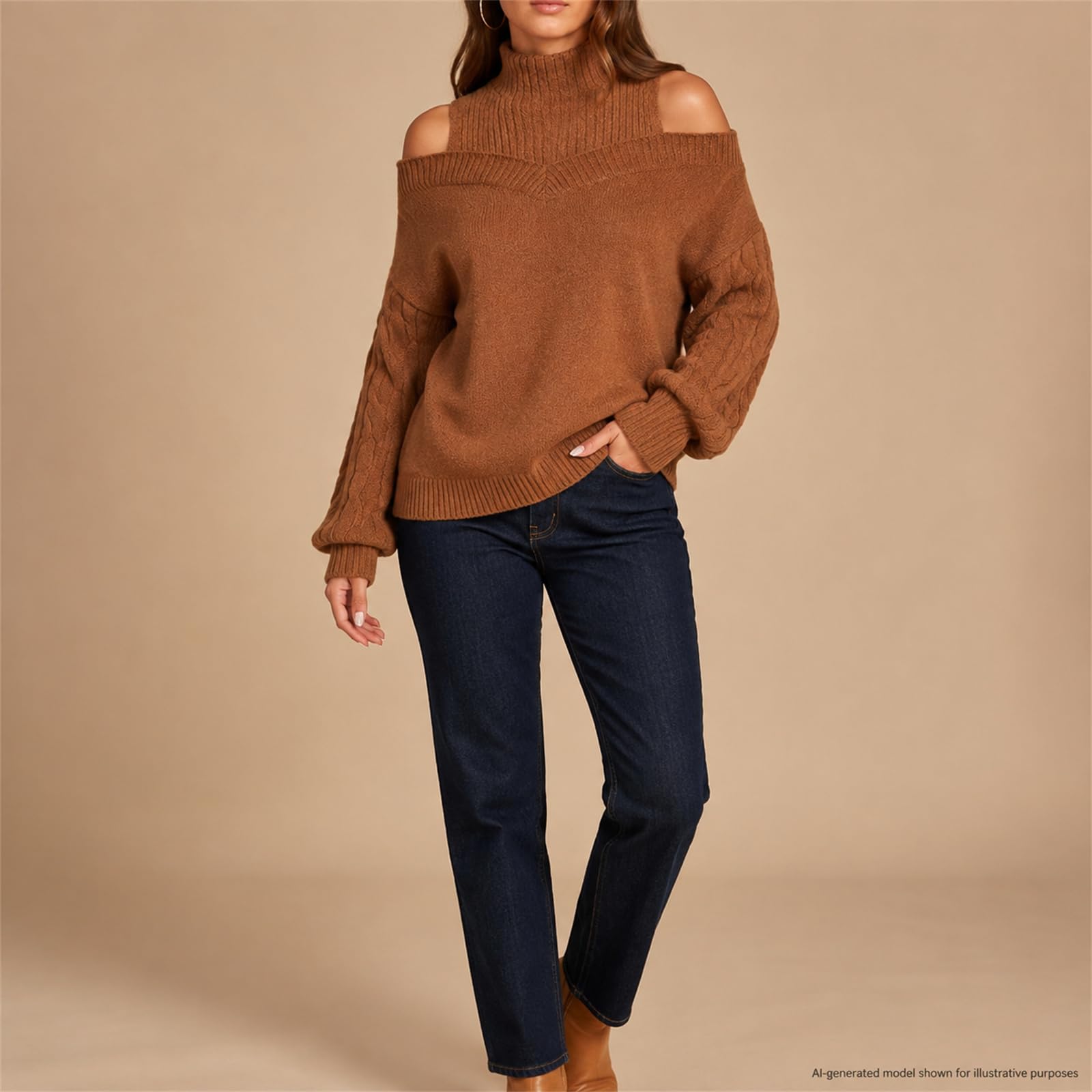 Maglione da donna a collo alto, con spalle scoperte, lavorato a maglia, a