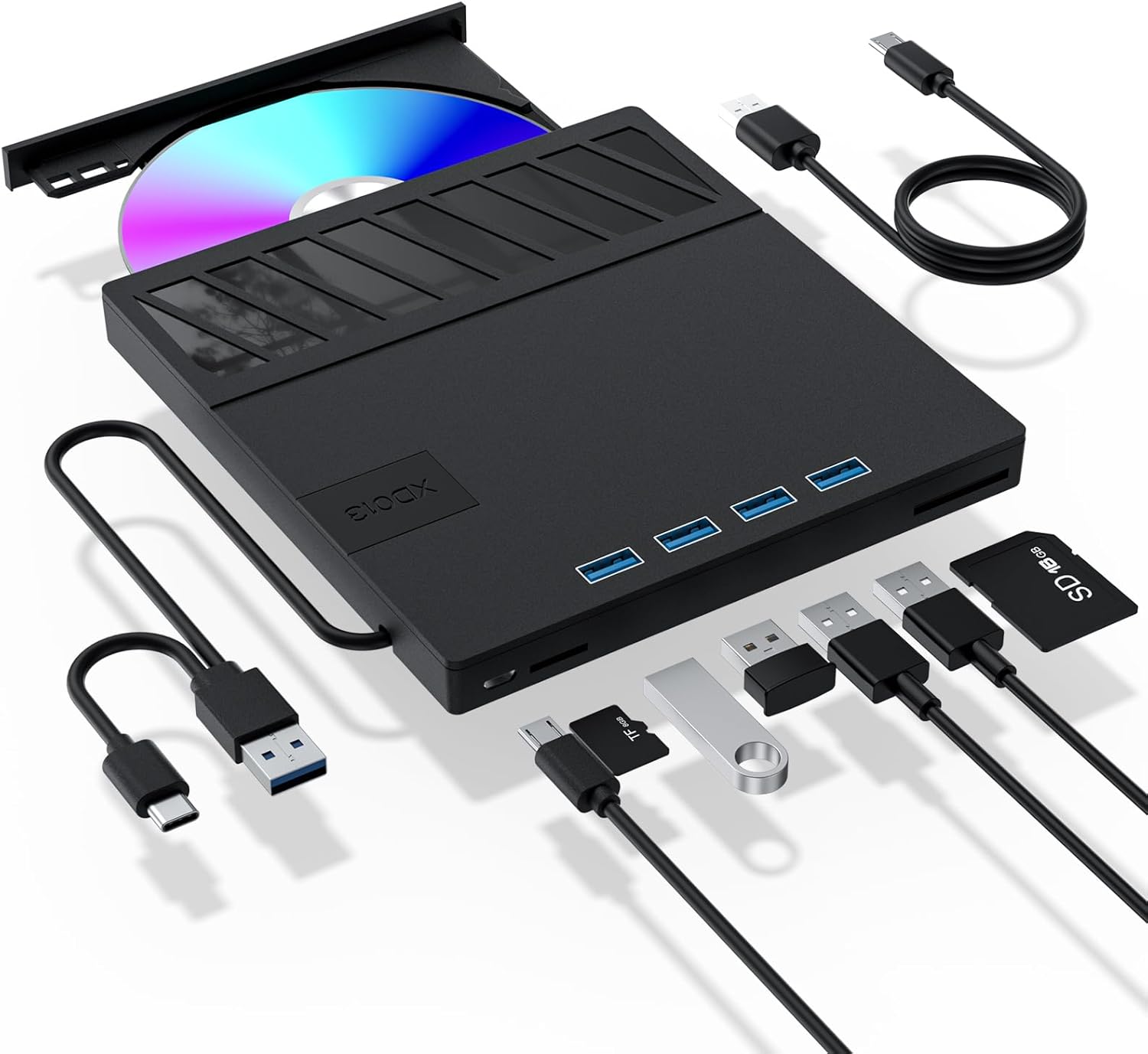 APPINESSEY XD013 External CD/DVD Drive with included cables and adapters