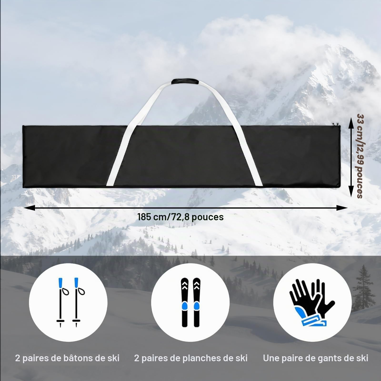 Sac de ski robuste pour 1 paire de skis, snowboard, 185 x 33 cm