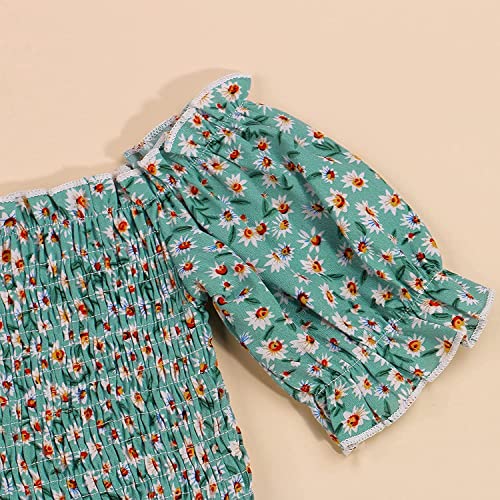 Image of Kids Baby Girls Outfits Floral Ruffle Off Shoulder Crop Tops + Bowknot Denim Shorts Skirt Set Toddler Summer Clothes