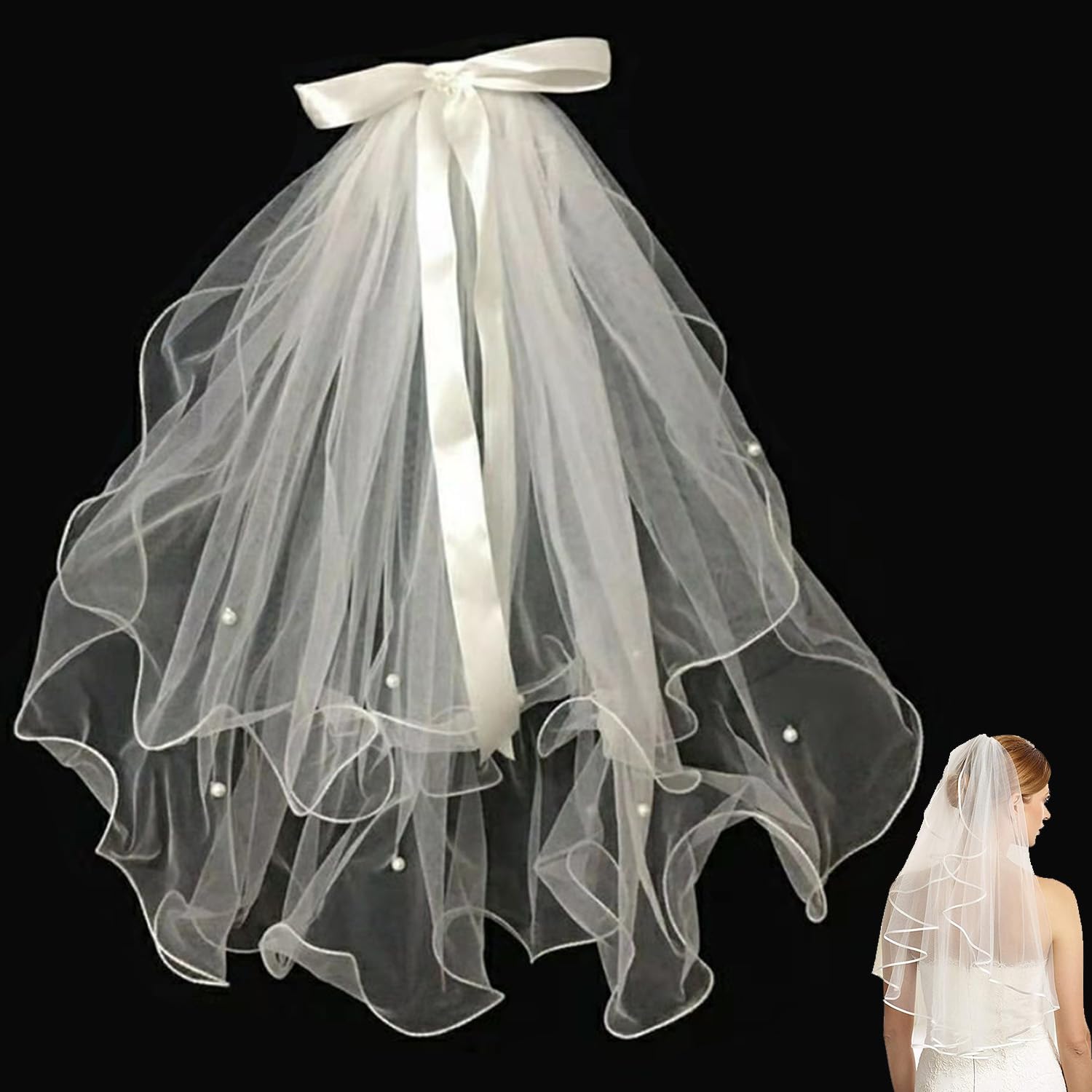 Bride Veil Wedding Veil Ribbon Edge with Comb for Brides Bachelorette Party Favors Accessories for Bridal Showers, Engagement Parties, Wedding (60cm)