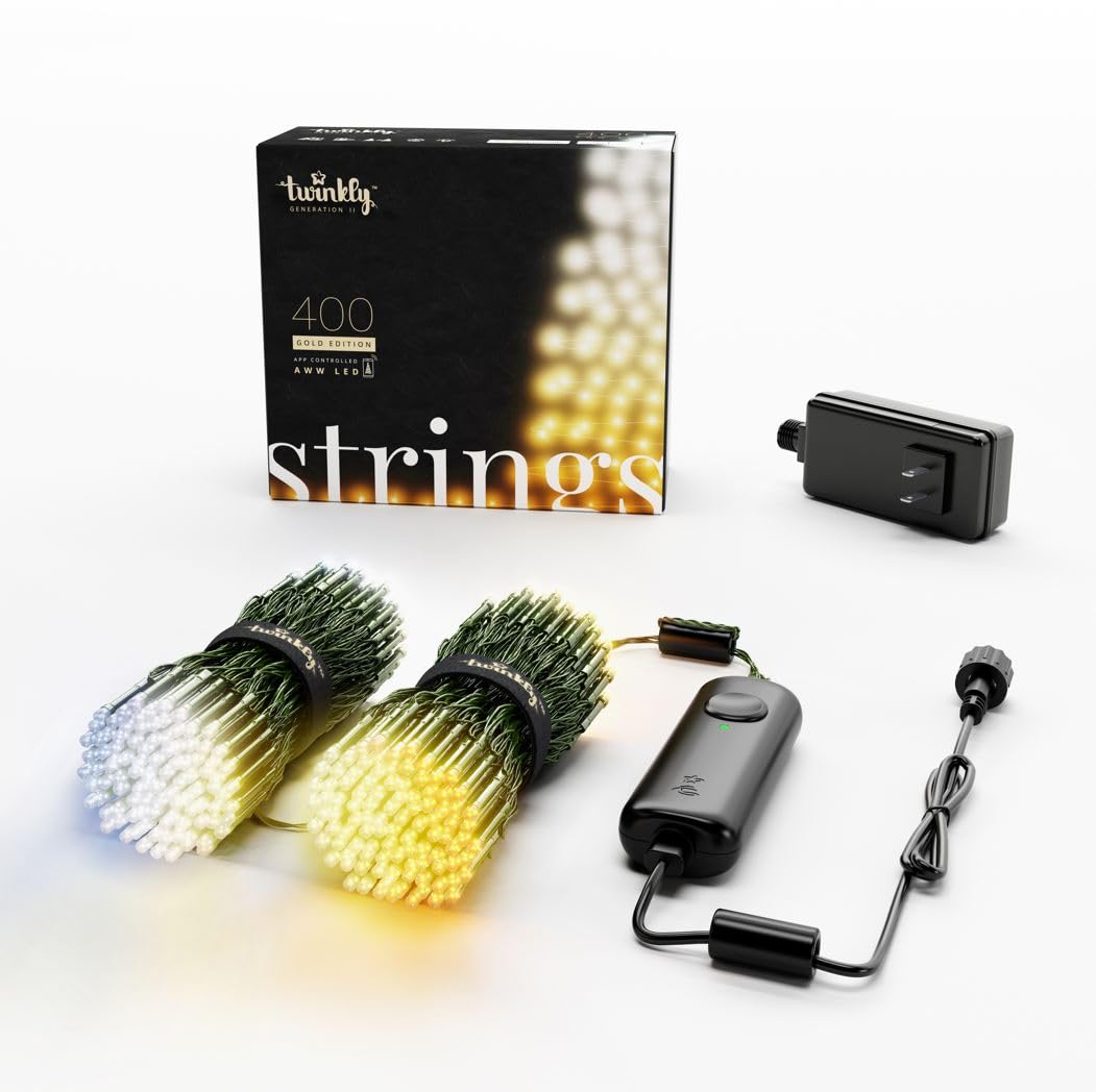 Twinkly Strings 400 White LED, LED Light String for Outdoor and Indoor, Warm to Cool White Christmas Lights, Mappable LEDs, Compatible with Alexa, Google Home, IP44, App Control, Black Wire, 105ft