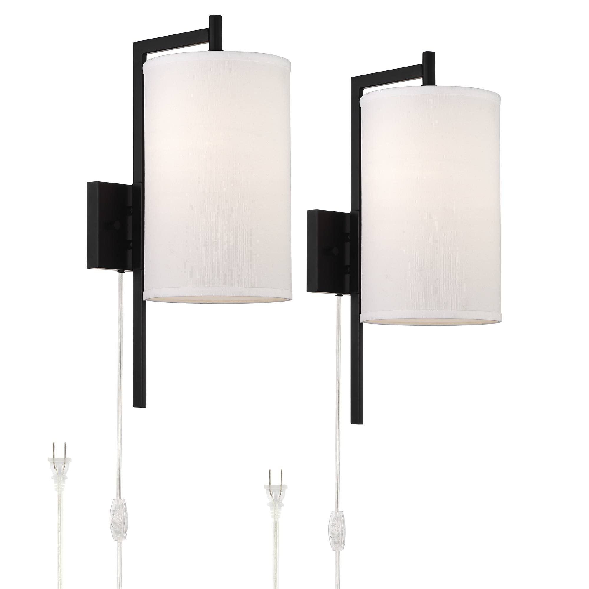 Possini Euro Design Bixby Modern Wall Mounted Lamps Set of 2 with Cord Black Metal Plug-in Light Fixture White Fabric Drum Shades for Bedroom Bedside House Reading Living Room Home Hallway Dining